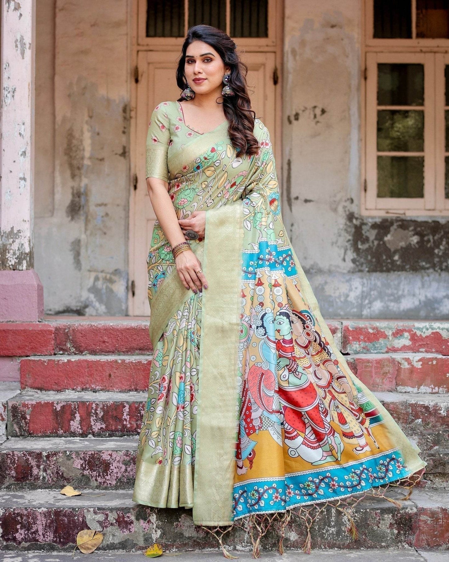 Pastel Green Tussar Silk Saree with Mythological Kalamkari Pallu and Zari Border - SEEANS