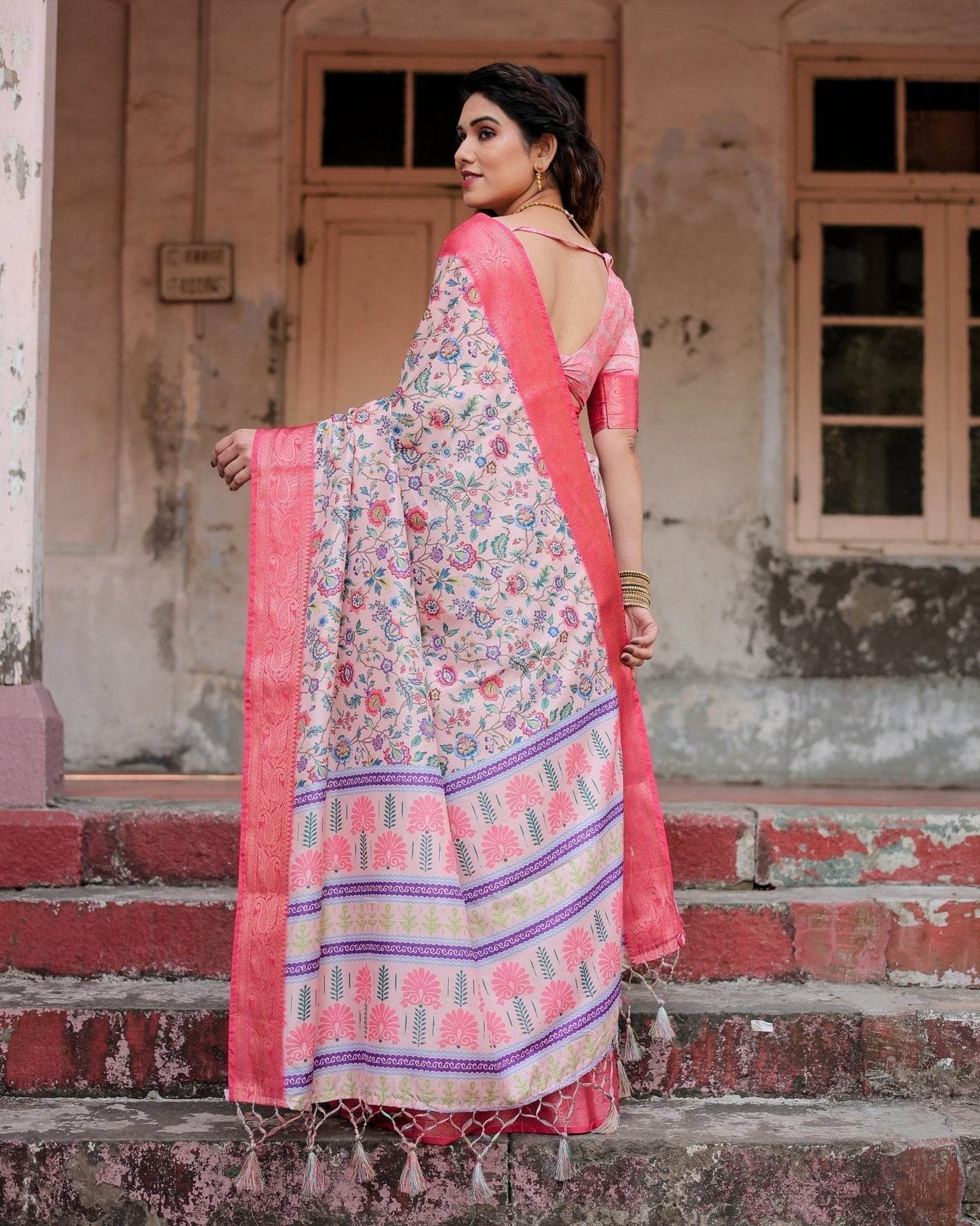 Blush Pink Tussar Silk Saree with Multicolor Floral Design and Zari Paisley Border - SEEANS