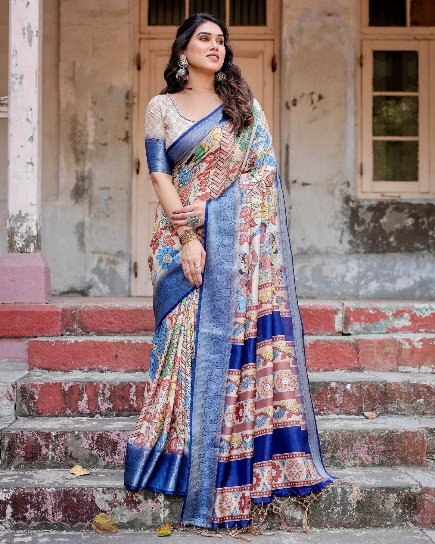 Multicolor Tussar Silk Saree with Artistic Floral Motifs and Traditional Blue Zari Border - SEEANS