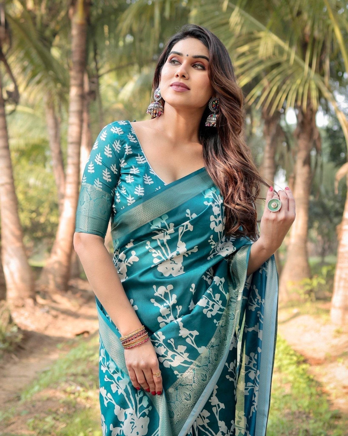 Teal Blue Tussar Silk Saree with White Floral Design, Gold Zari Border & Tassel Pallu - SEEANS