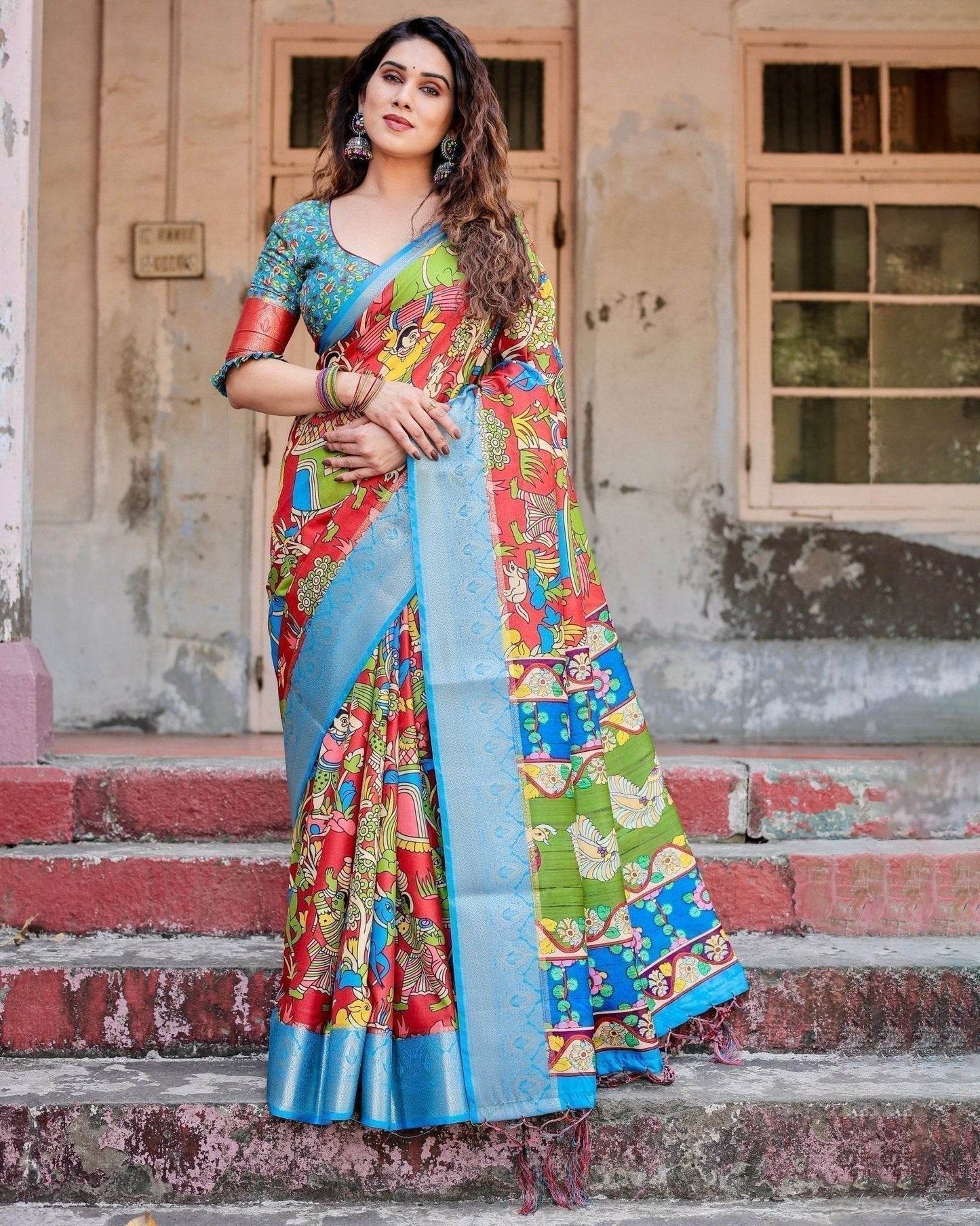 Multicolor Folk Art Inspired Digital Print Tussar Silk Saree with Sky Blue Zari Border - SEEANS
