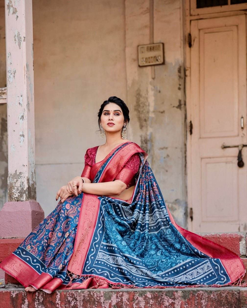 Teal Blue and Coral Tussar Silk Saree with Floral Weaves and Geometric Pallu - SEEANS