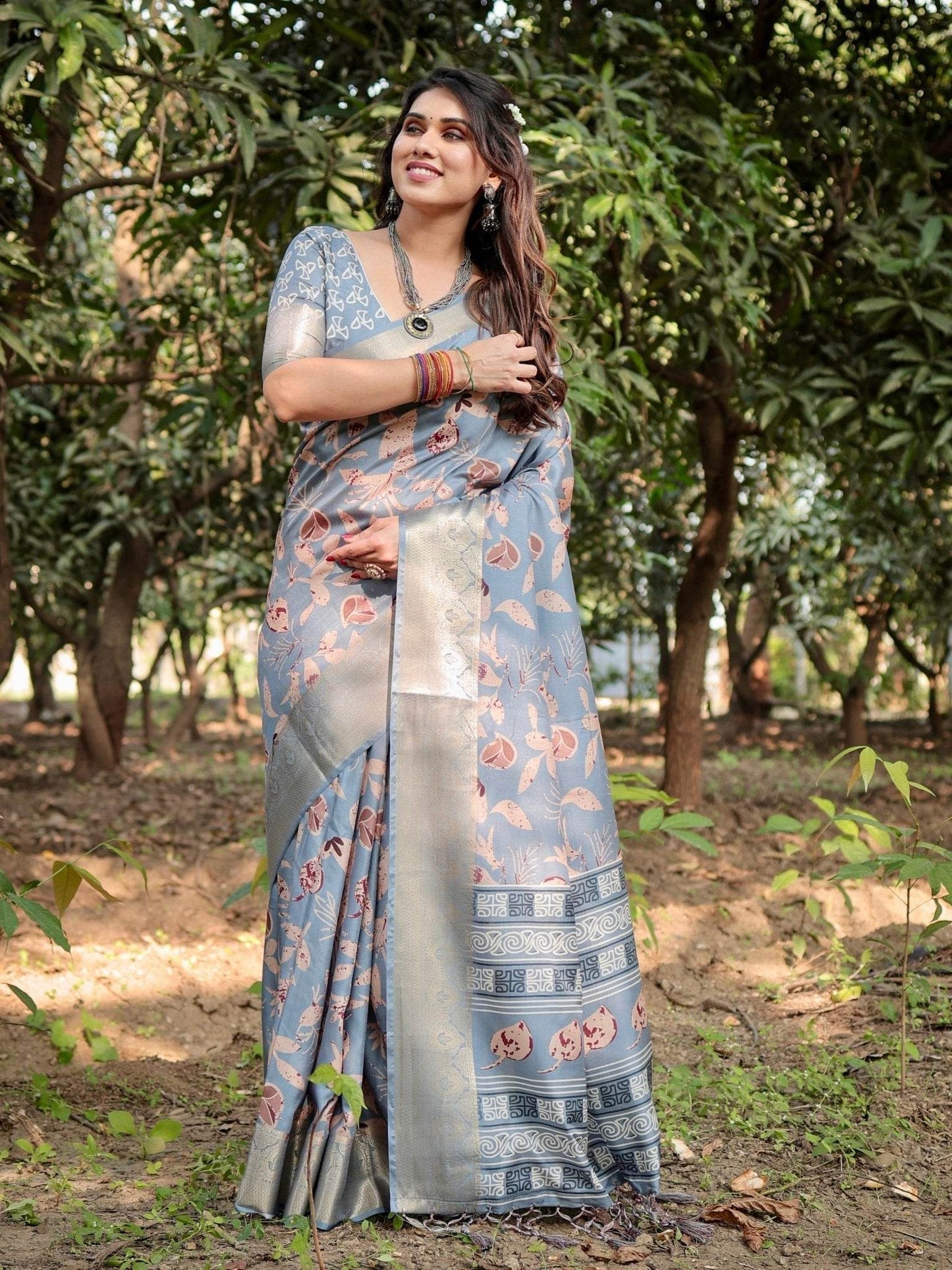Stylish Sky Blue Tussar Silk Saree with Beige and Gold Zari Work and Contemporary Pallu Design - SEEANS