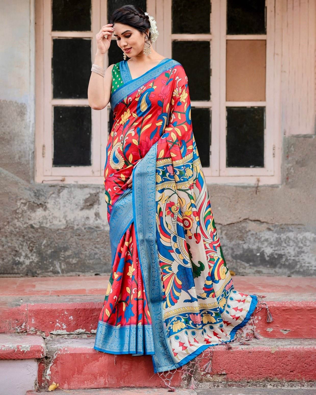 Multicolor Tussar Silk Saree with Vibrant Peacock and Floral Motifs - SEEANS