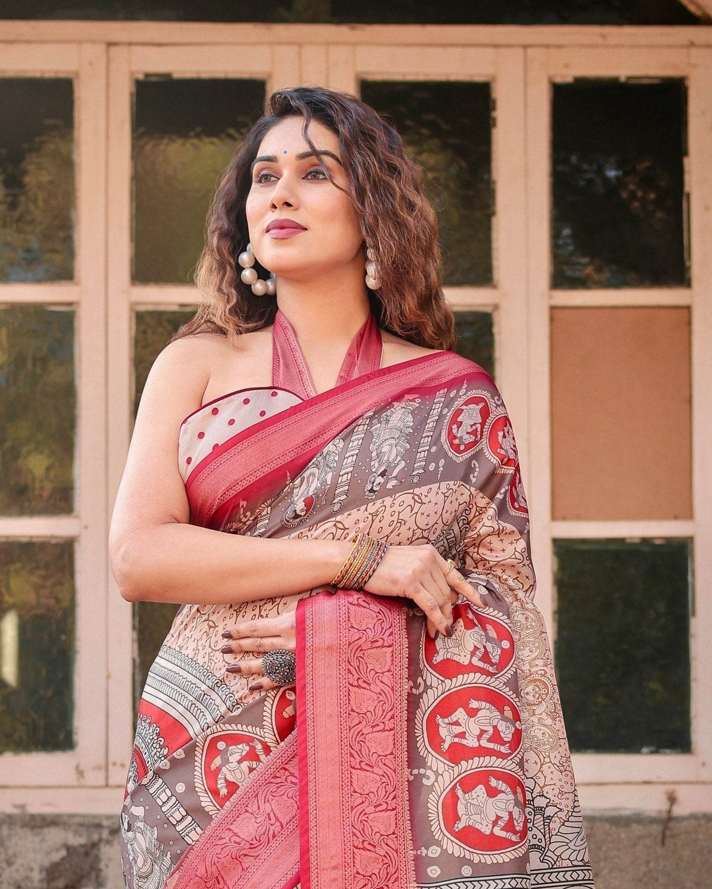 Beige and Red Tussar Silk Saree with Traditional Motifs and Ornamental Zari Border - SEEANS