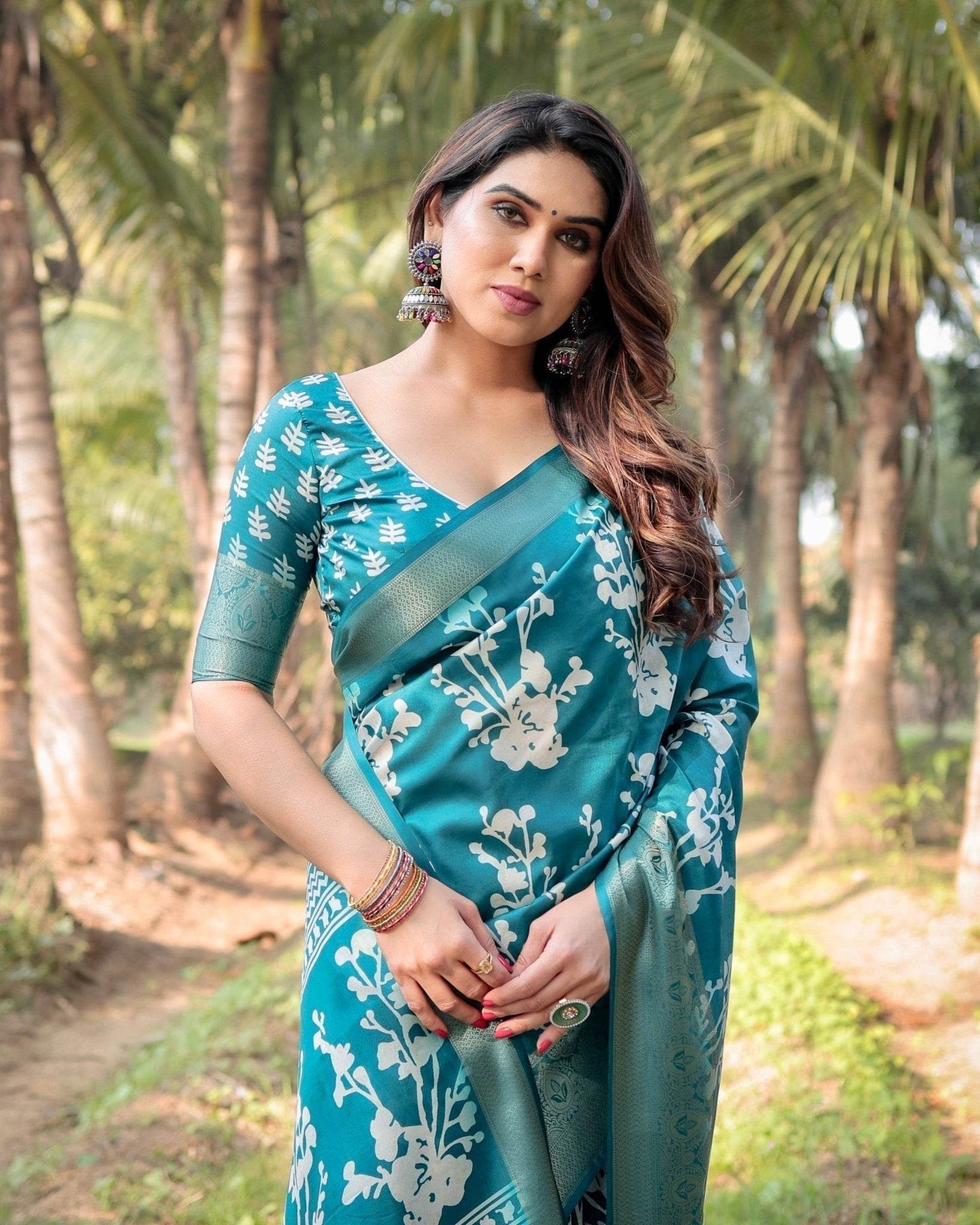 Teal Blue Tussar Silk Saree with White Floral Design, Gold Zari Border & Tassel Pallu - SEEANS