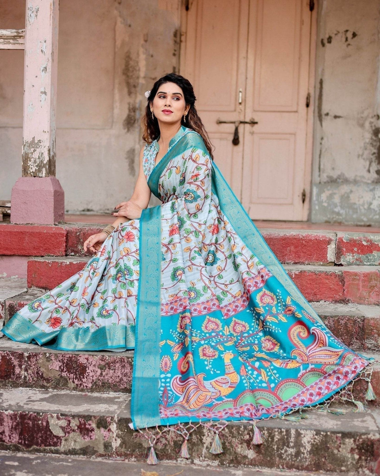 Sky Blue Tussar Silk Saree with Multicolor Floral Design and Zari Paisley Border - SEEANS