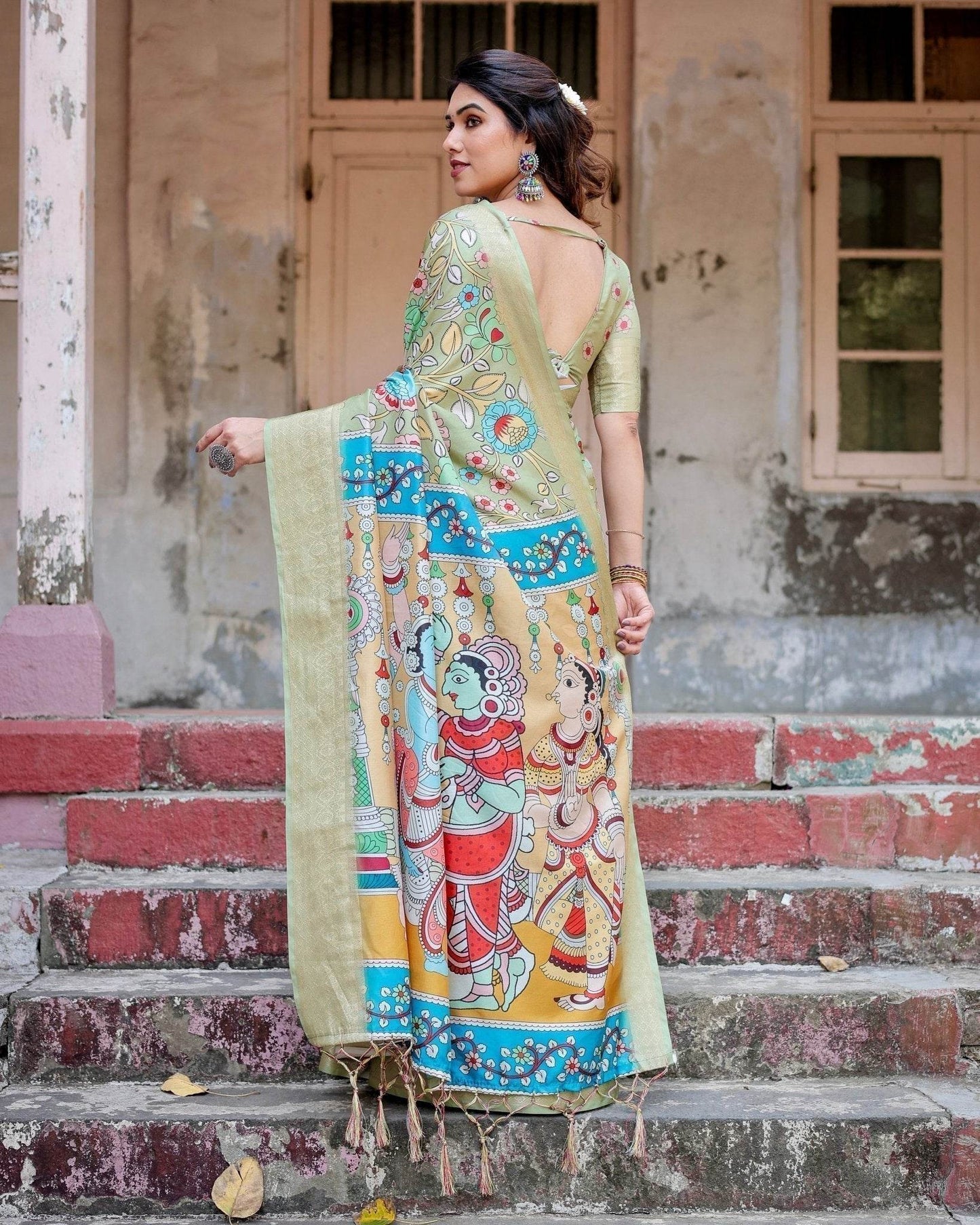 Pastel Green Tussar Silk Saree with Mythological Kalamkari Pallu and Zari Border - SEEANS