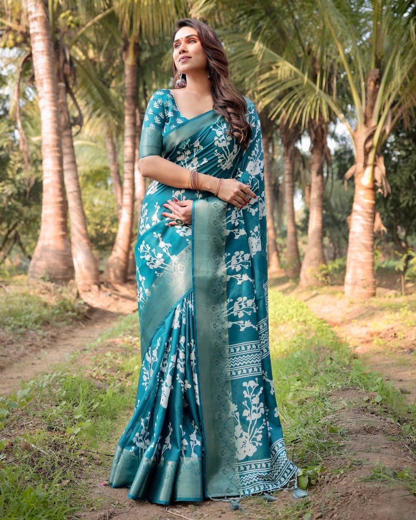 Teal Blue Tussar Silk Saree with White Floral Design, Gold Zari Border & Tassel Pallu - SEEANS