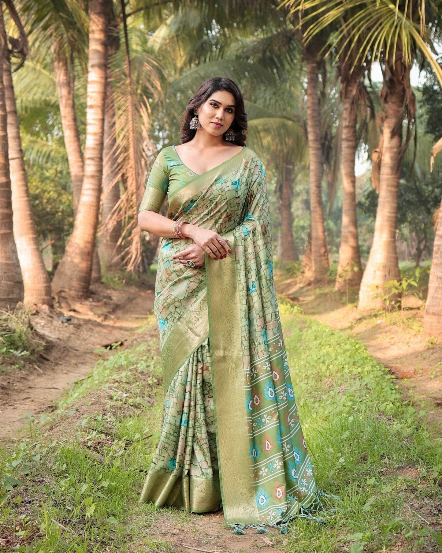 Elegant Light Green Tussar Silk Saree with Zari Motif Border and Contemporary Checkered Pallu Design - SEEANS