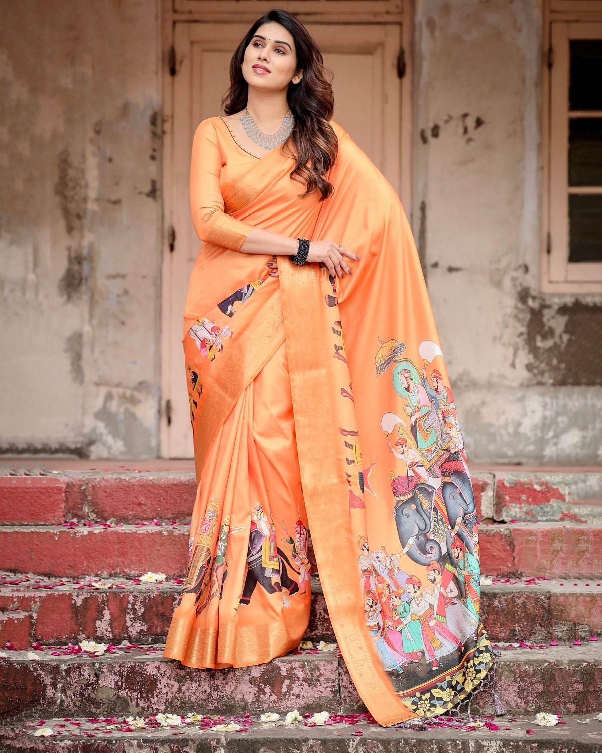 Sunset Orange Tussar Silk Saree with Royal Procession Pallu and Zari Border - SEEANS