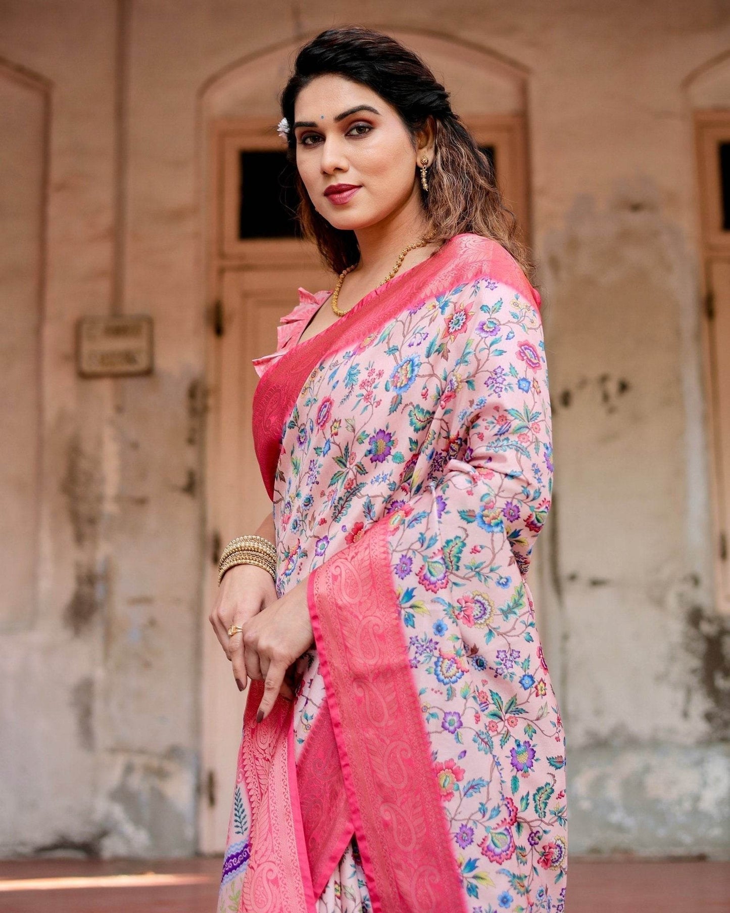 Blush Pink Tussar Silk Saree with Multicolor Floral Design and Zari Paisley Border - SEEANS