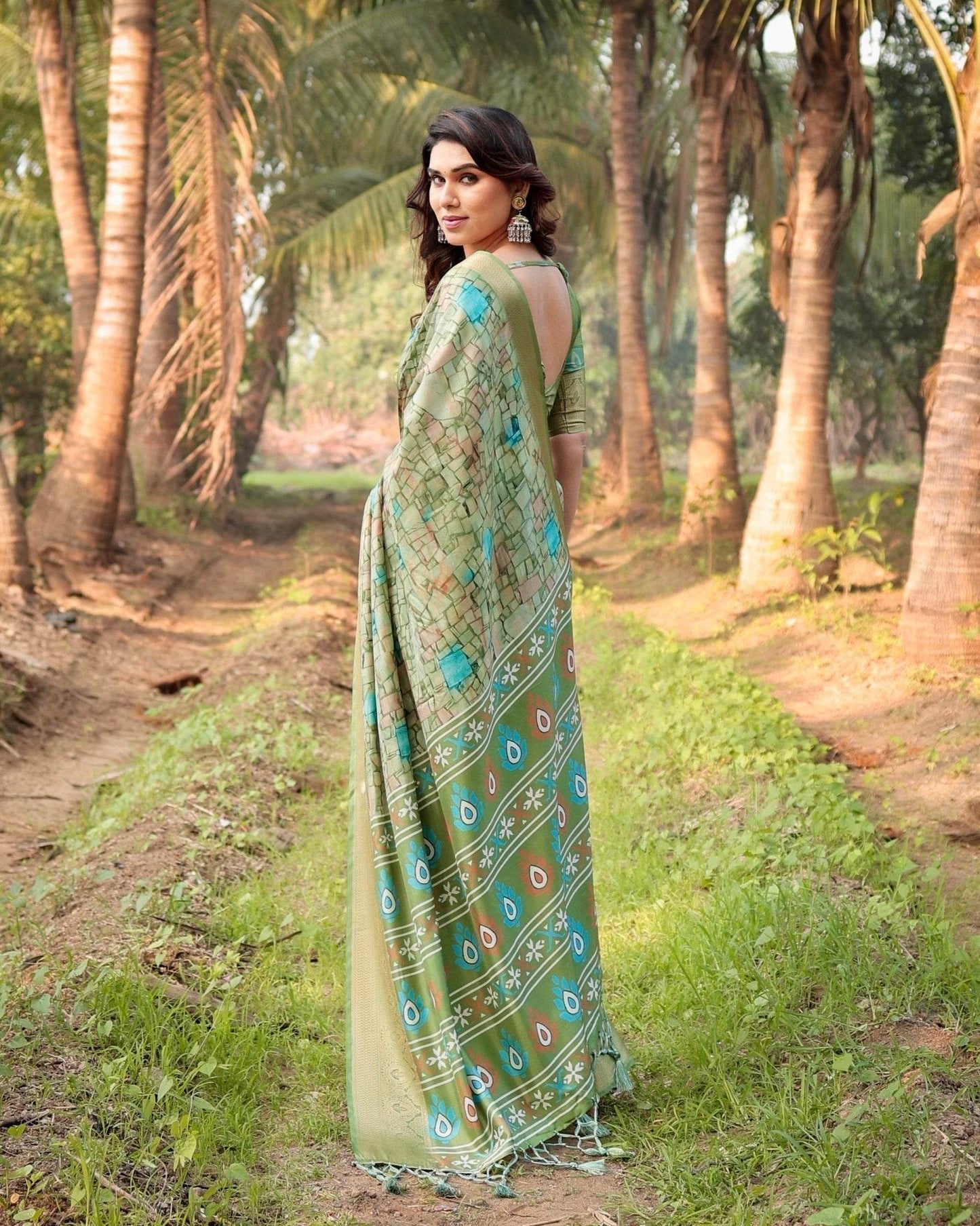 Elegant Light Green Tussar Silk Saree with Zari Motif Border and Contemporary Checkered Pallu Design - SEEANS