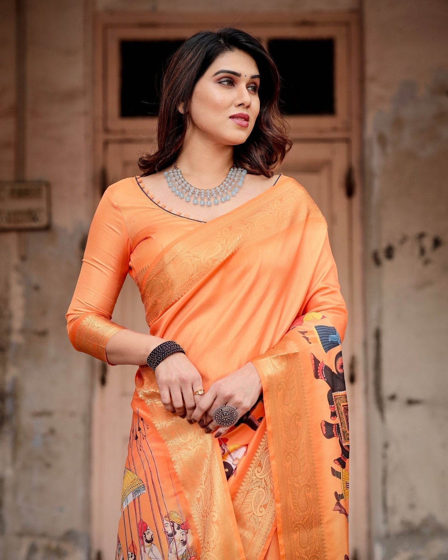 Sunset Orange Tussar Silk Saree with Royal Procession Pallu and Zari Border - SEEANS