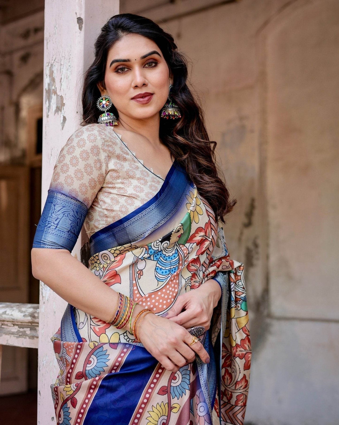 Multicolor Tussar Silk Saree with Artistic Floral Motifs and Traditional Blue Zari Border - SEEANS