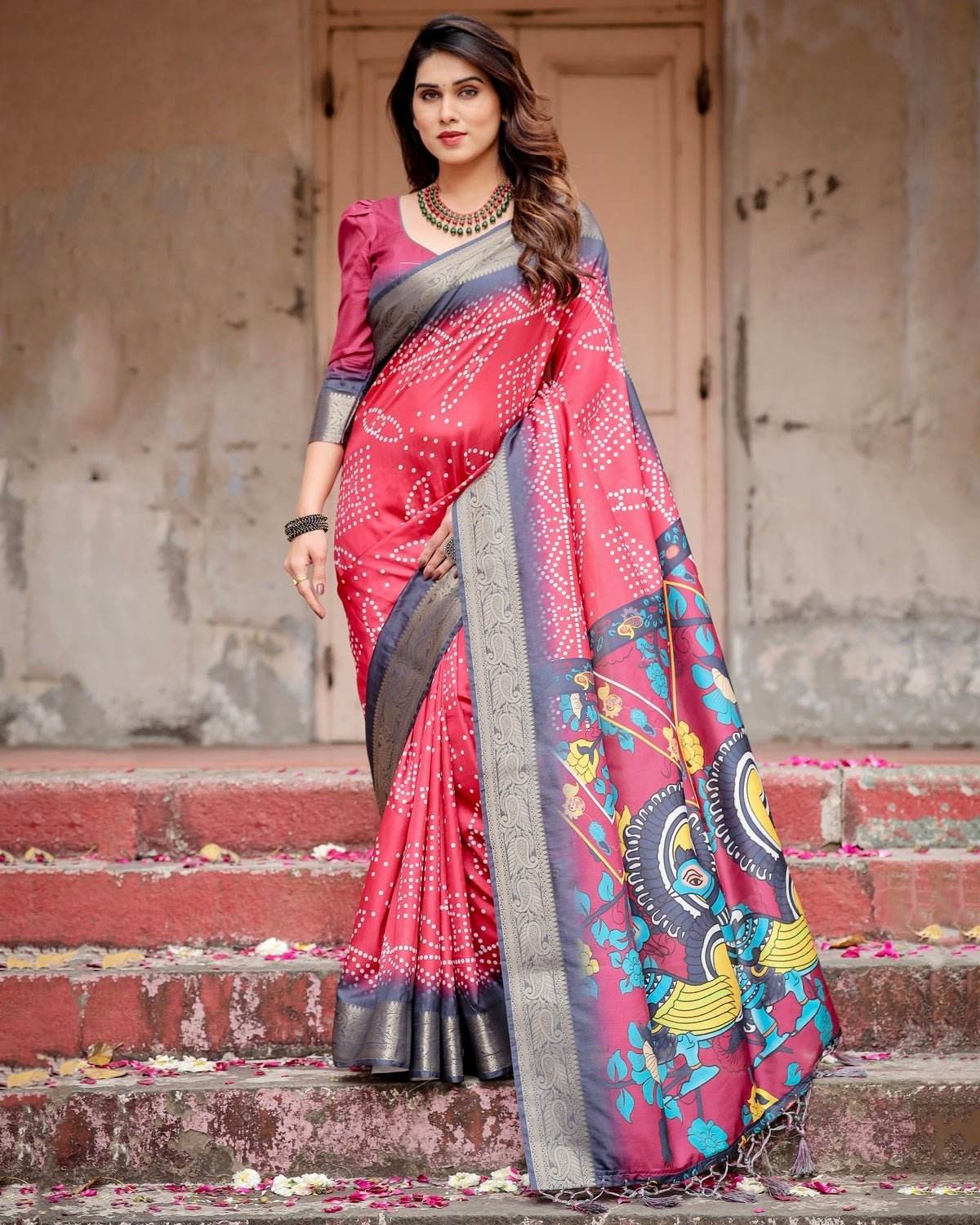 Crimson Red Tussar Silk Saree with Bandhani Patterns, Zari Border, and Vibrant Artistic Pallu - SEEANS