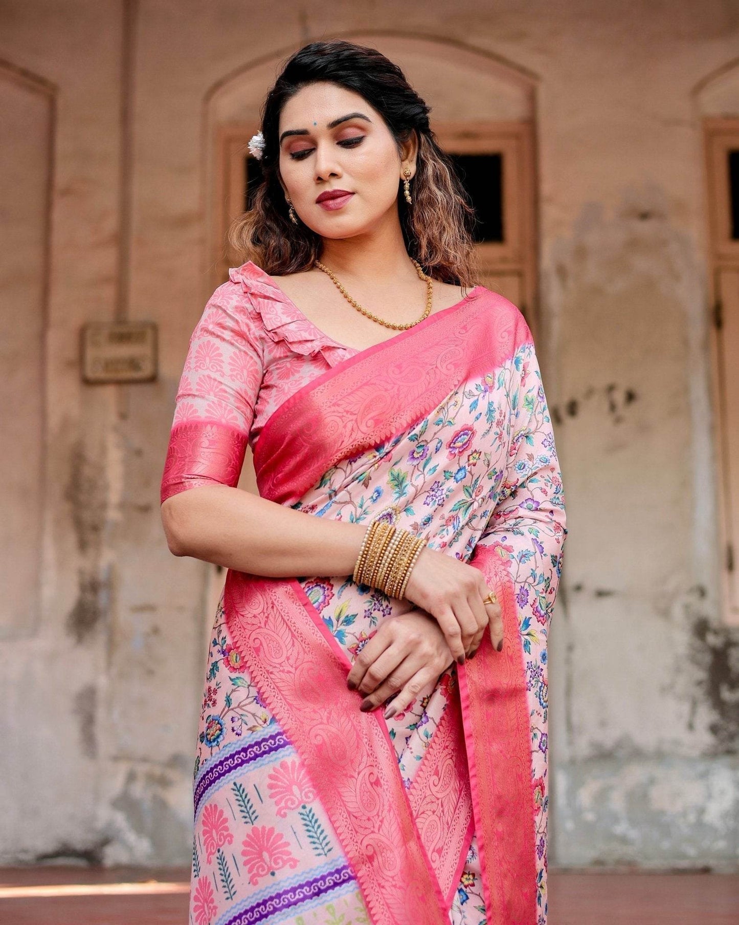 Blush Pink Tussar Silk Saree with Multicolor Floral Design and Zari Paisley Border - SEEANS