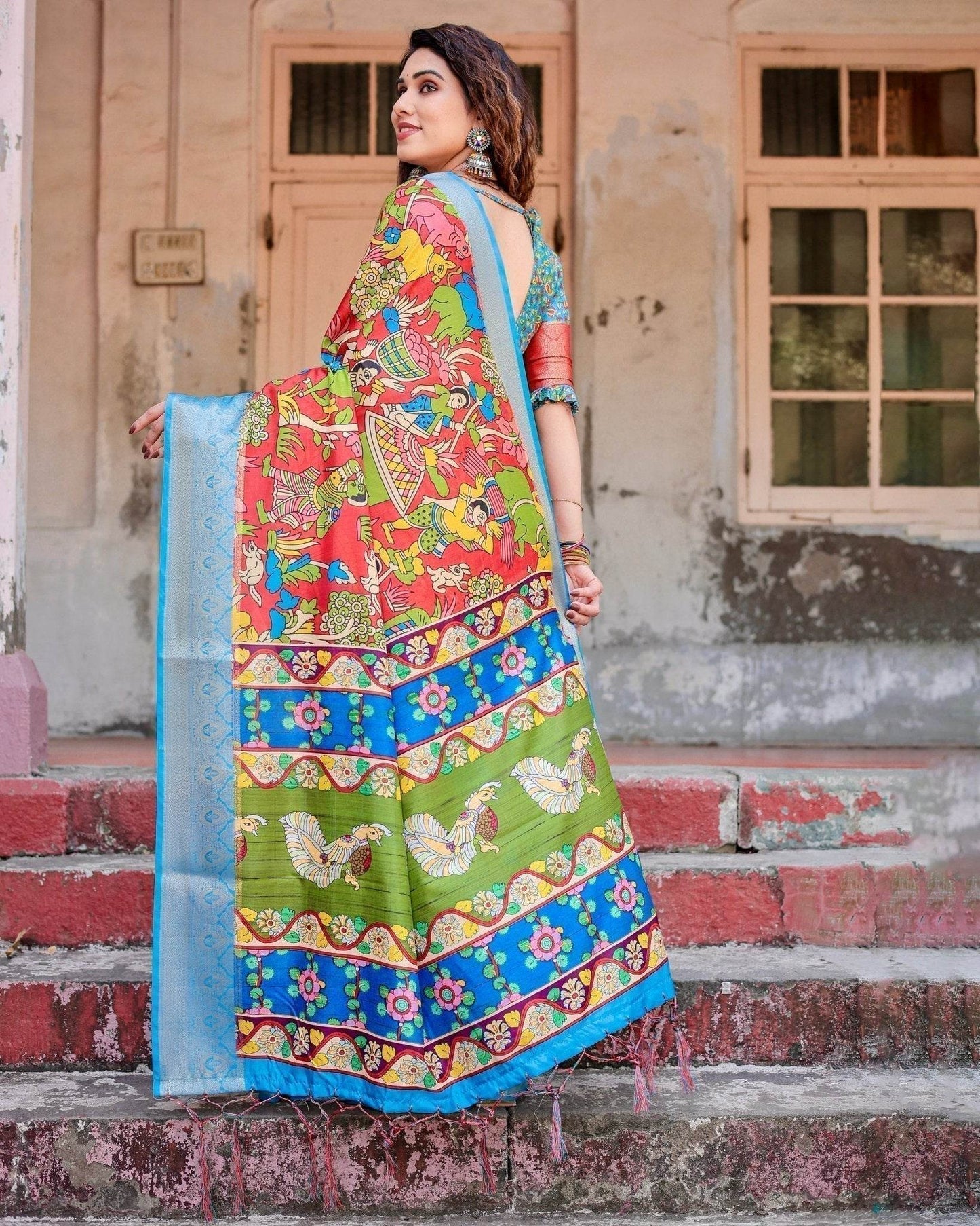 Multicolor Folk Art Inspired Digital Print Tussar Silk Saree with Sky Blue Zari Border - SEEANS