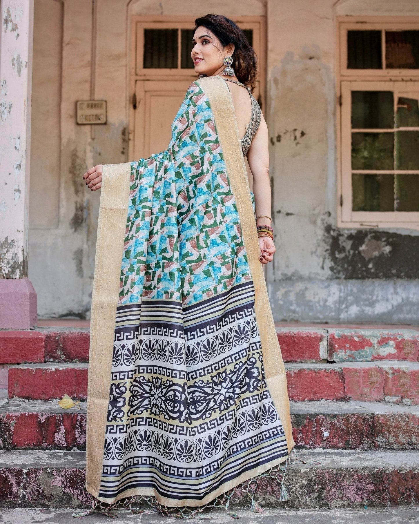 Contemporary Abstract Print Saree with Gold Border and Monochrome Patterned Pallu - SEEANS