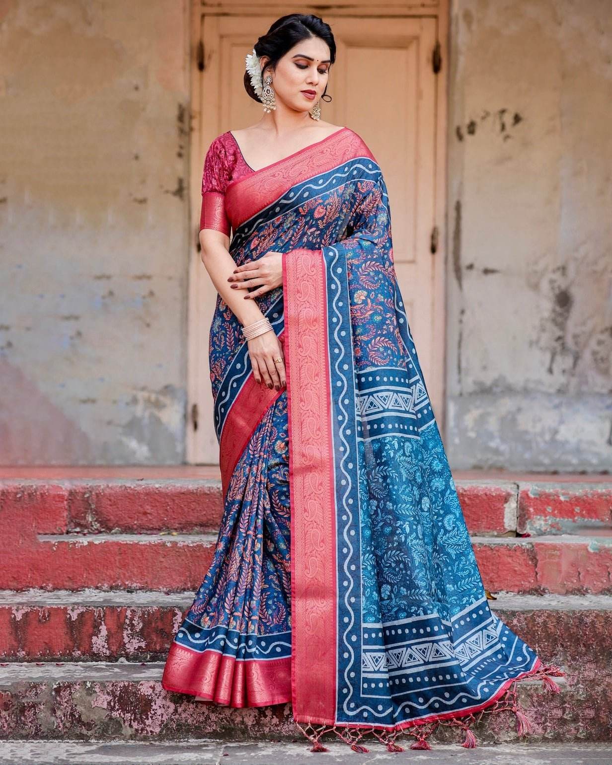 Teal Blue and Coral Tussar Silk Saree with Floral Weaves and Geometric Pallu - SEEANS