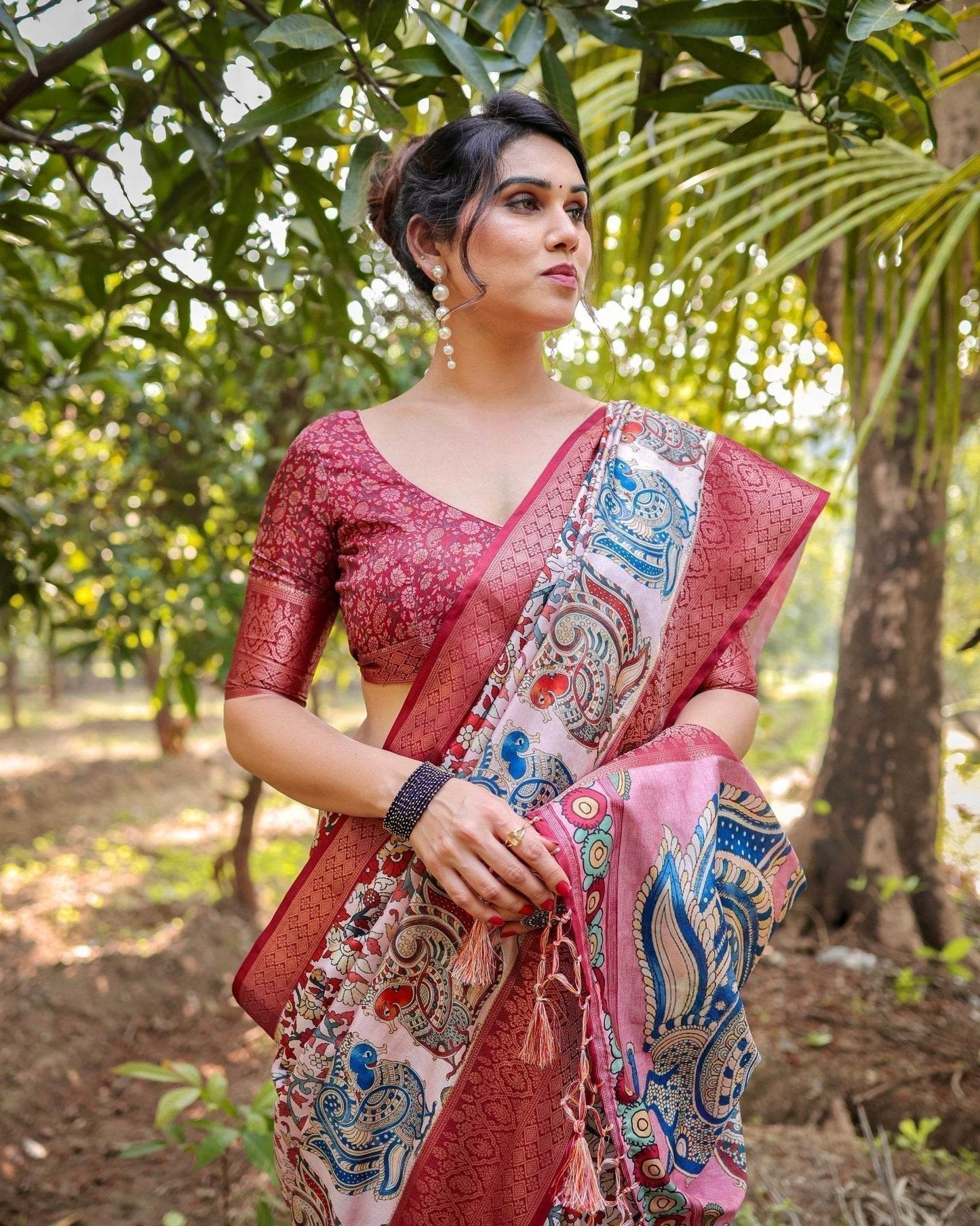 Blush Pink Digital Print Tussar Silk Saree with Zari Border and Peacock Motif Pallu - SEEANS