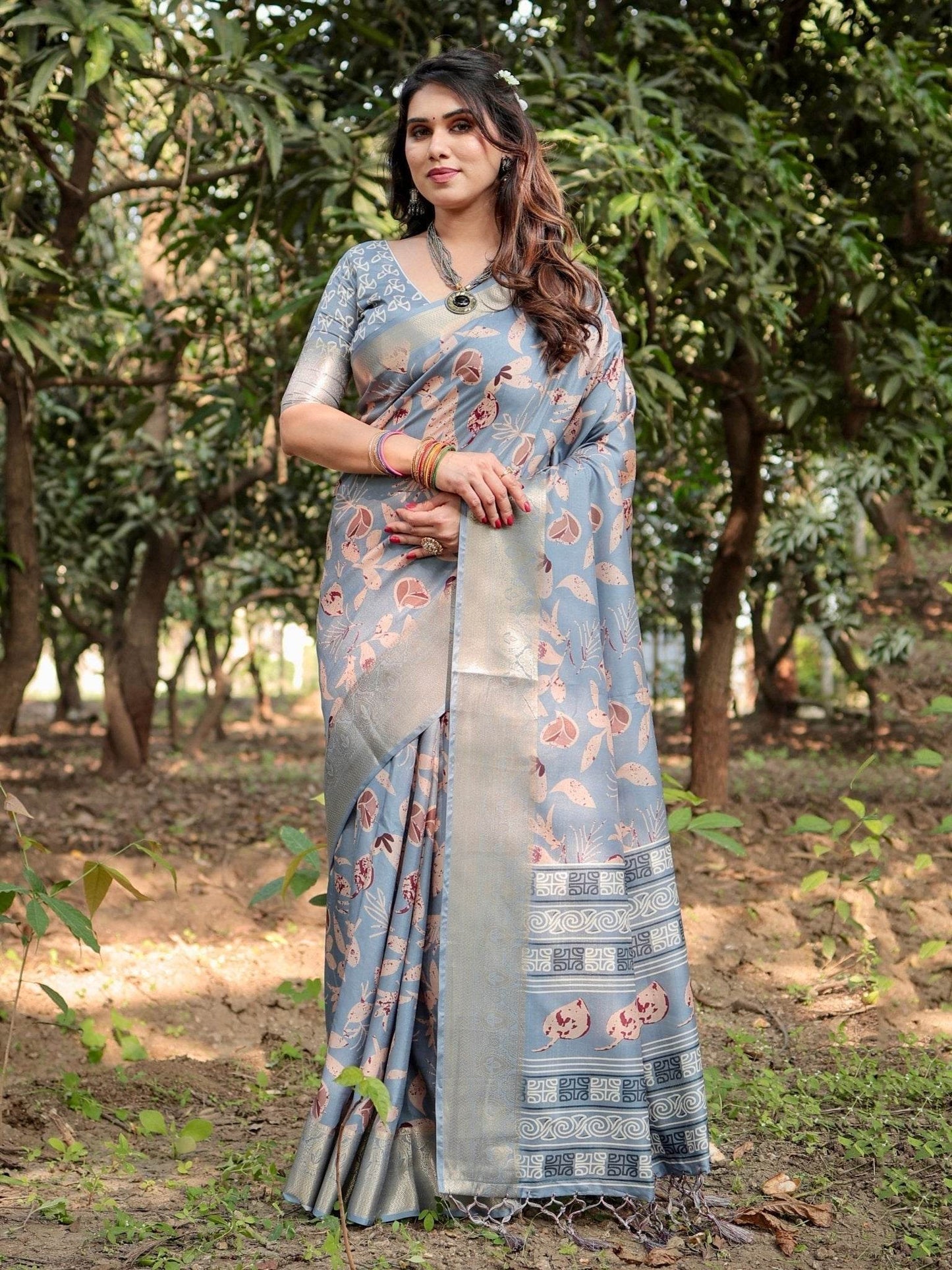 Stylish Sky Blue Tussar Silk Saree with Beige and Gold Zari Work and Contemporary Pallu Design - SEEANS