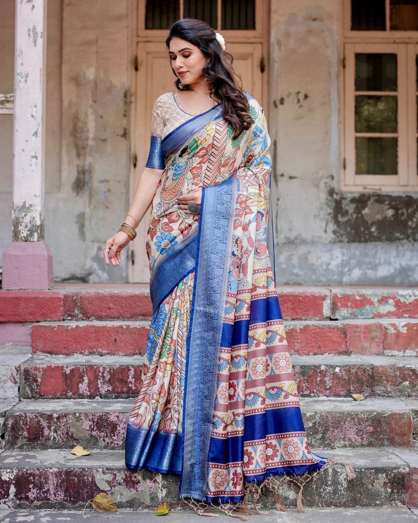 Multicolor Tussar Silk Saree with Artistic Floral Motifs and Traditional Blue Zari Border - SEEANS