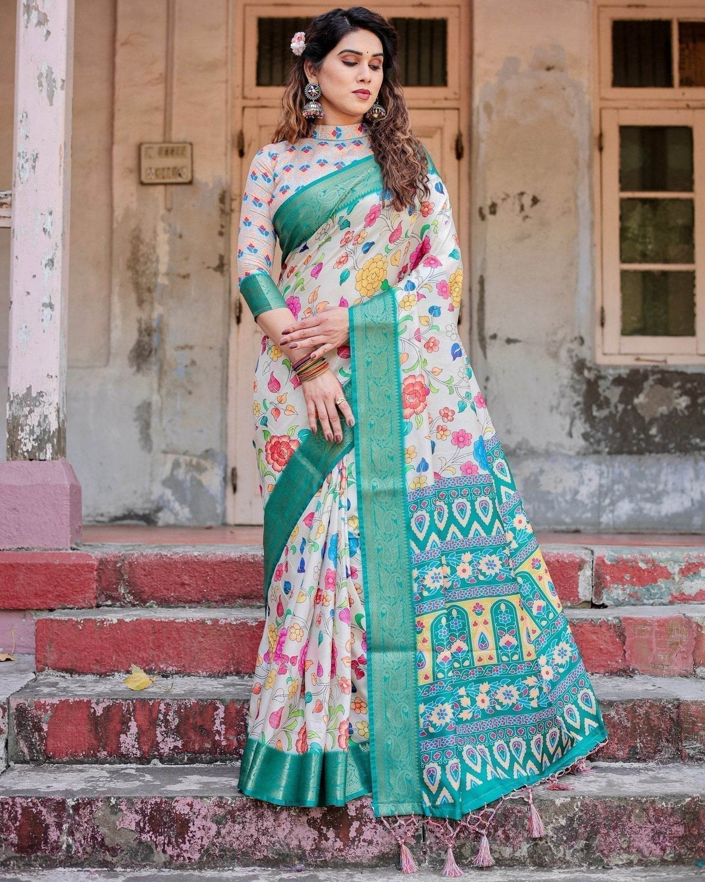 Elegant Multicolor Floral Digital Print Saree with Ornate Green Border and Artistic Pallu - SEEANS