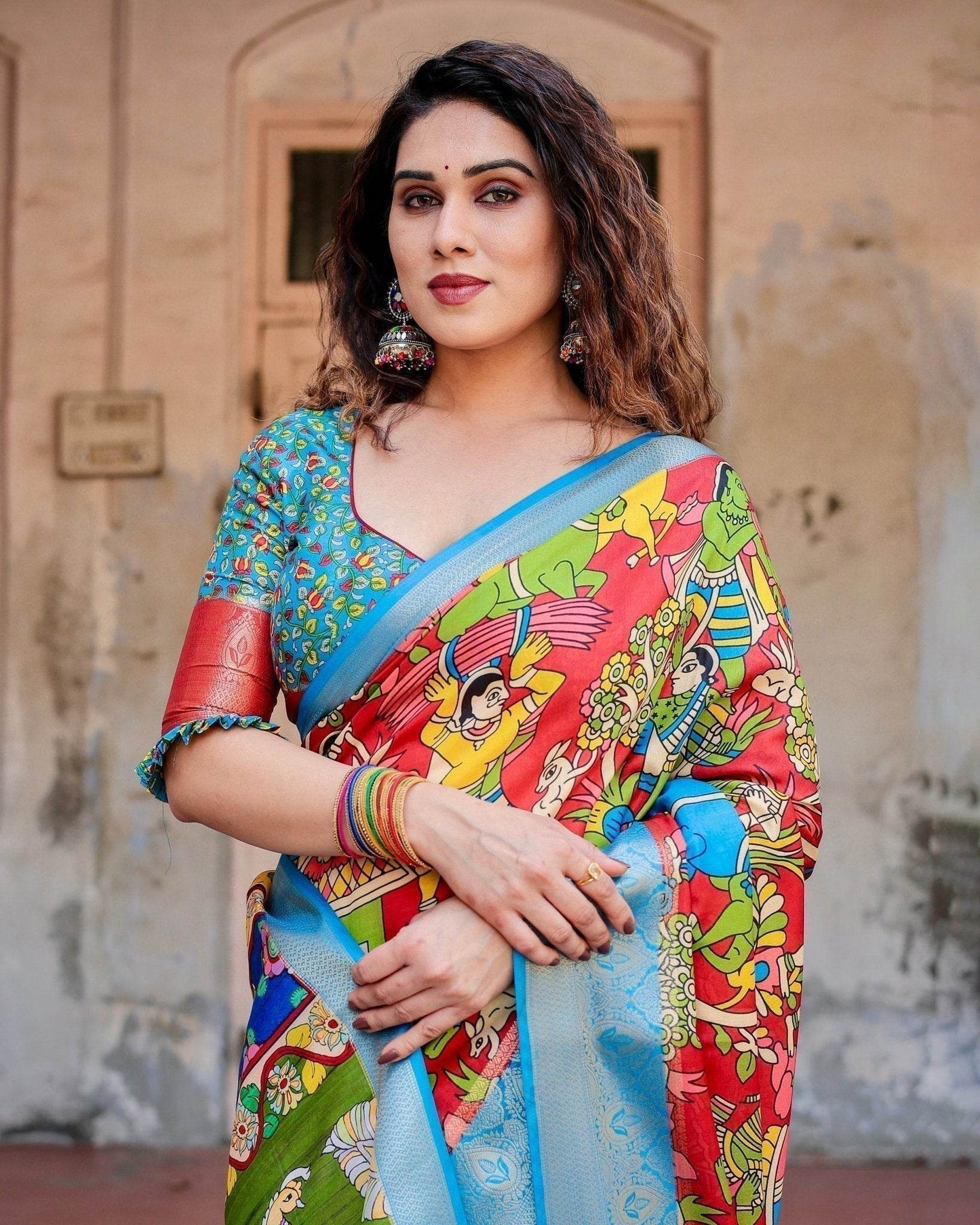 Multicolor Folk Art Inspired Digital Print Tussar Silk Saree with Sky Blue Zari Border - SEEANS