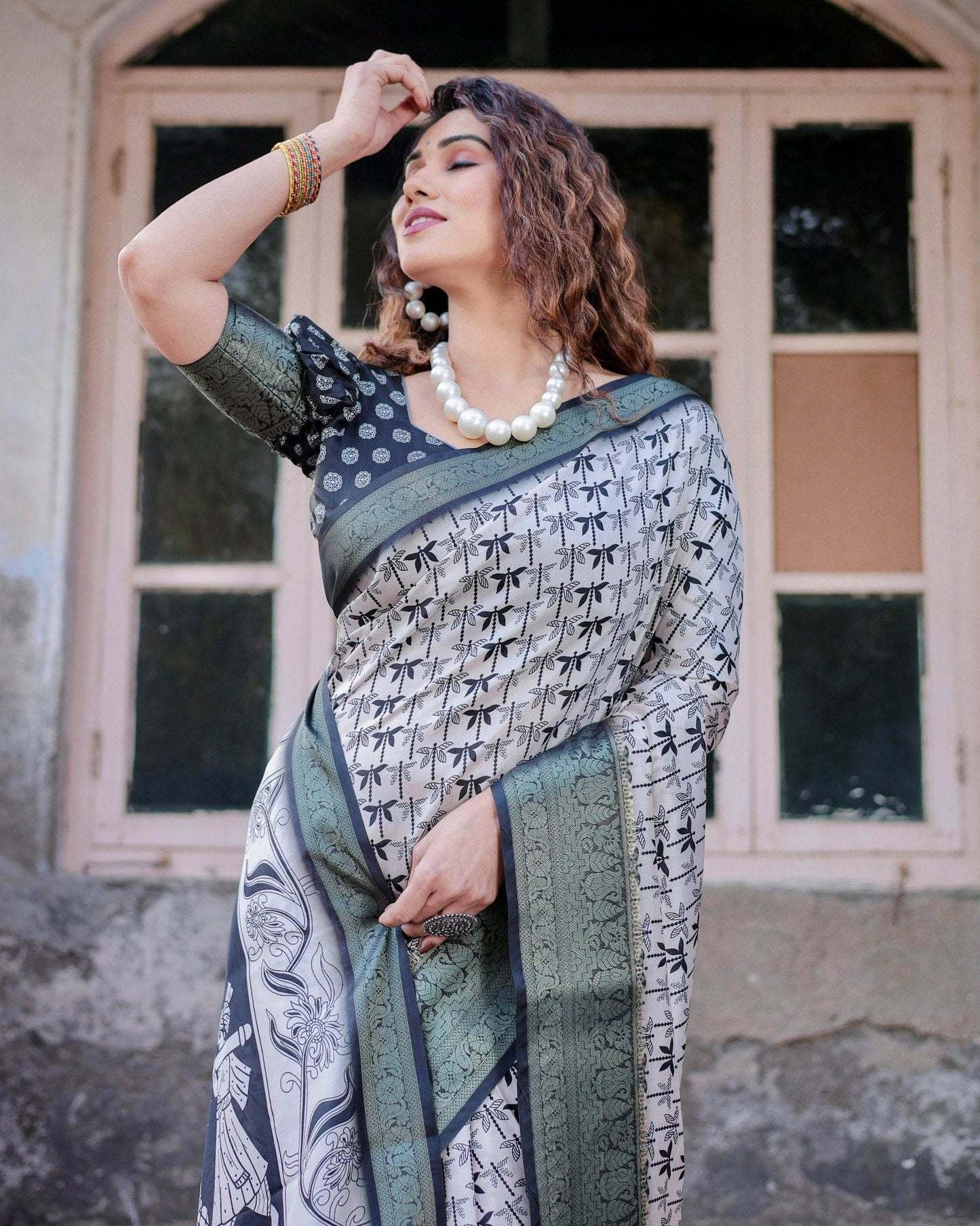 Monochrome White and Black Tussar Silk Saree with Tribal Art Motifs and Zari Border - SEEANS