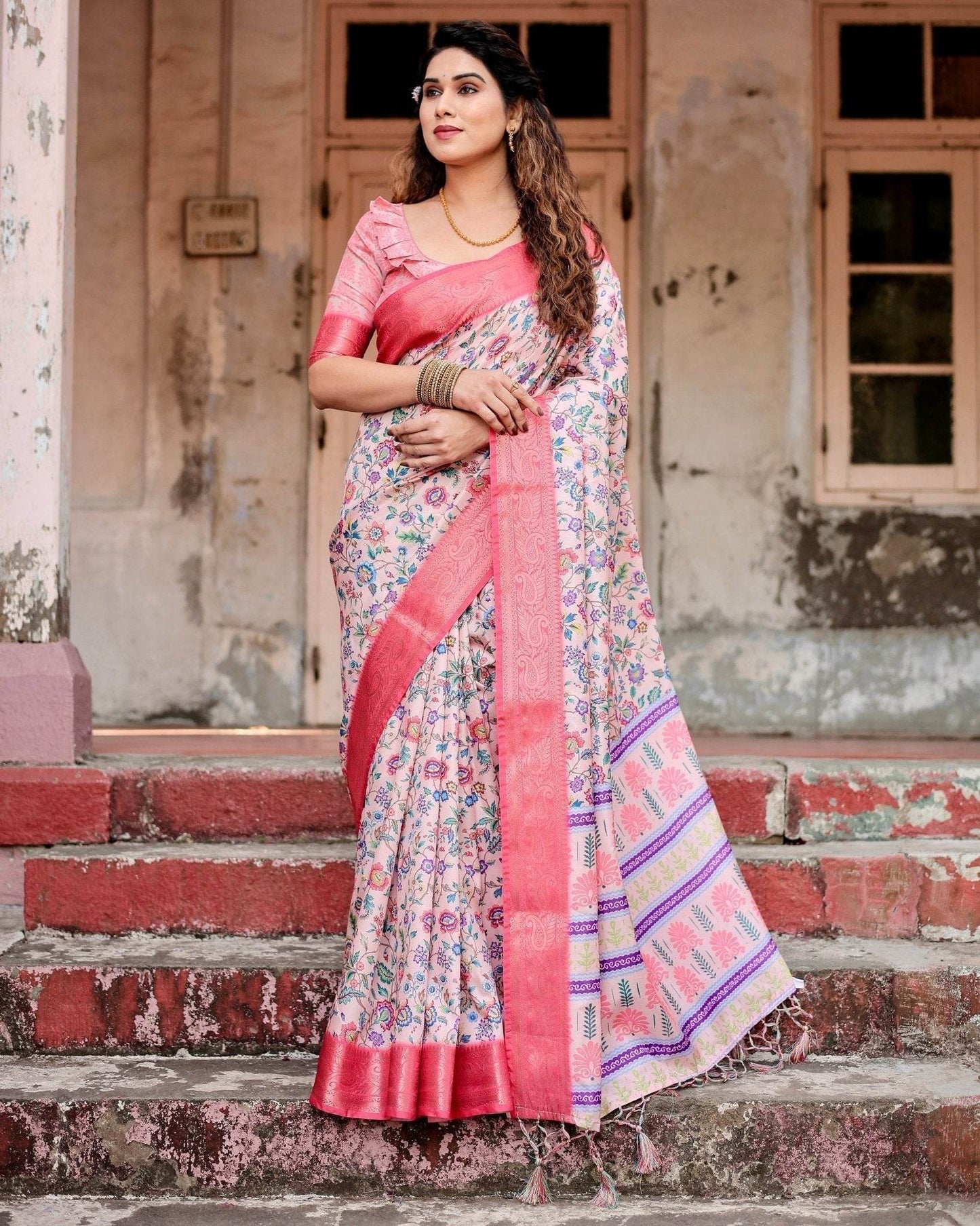 Blush Pink Tussar Silk Saree with Multicolor Floral Design and Zari Paisley Border - SEEANS