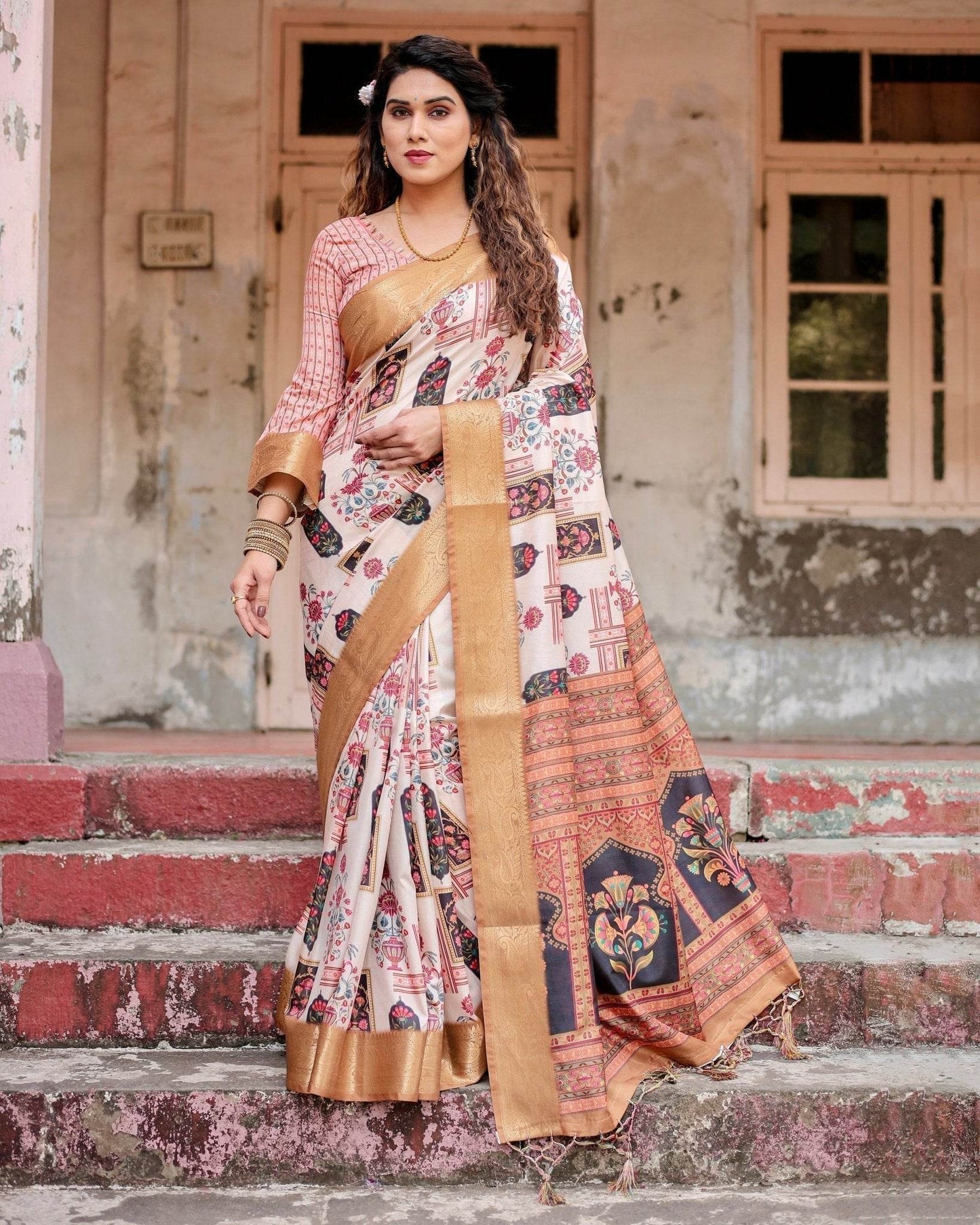 Ivory Tussar Silk Saree with Artistic Floral Motifs and Gleaming Golden Zari Border - SEEANS