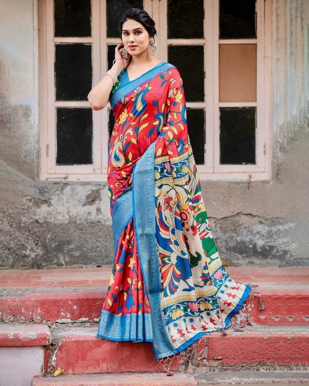 Multicolor Tussar Silk Saree with Vibrant Peacock and Floral Motifs - SEEANS