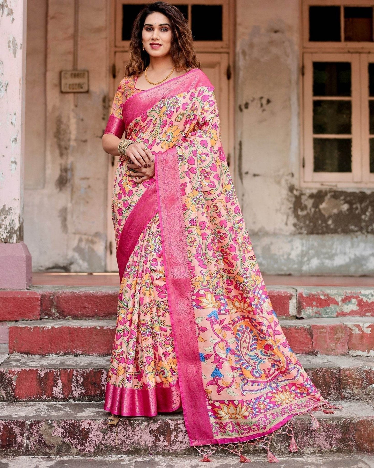 Peach and Fuchsia Floral Digital Print Tussar Silk Saree with Zari Border and Paisley Pallu - SEEANS