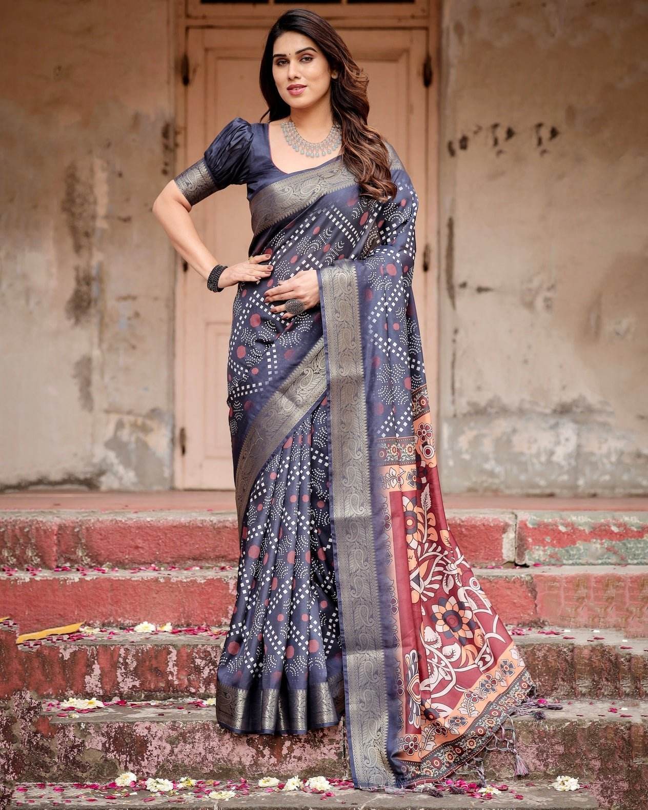 Navy Blue Tussar Silk Saree with Geometric Patterns, Zari Border, and Vibrant Pallu - SEEANS
