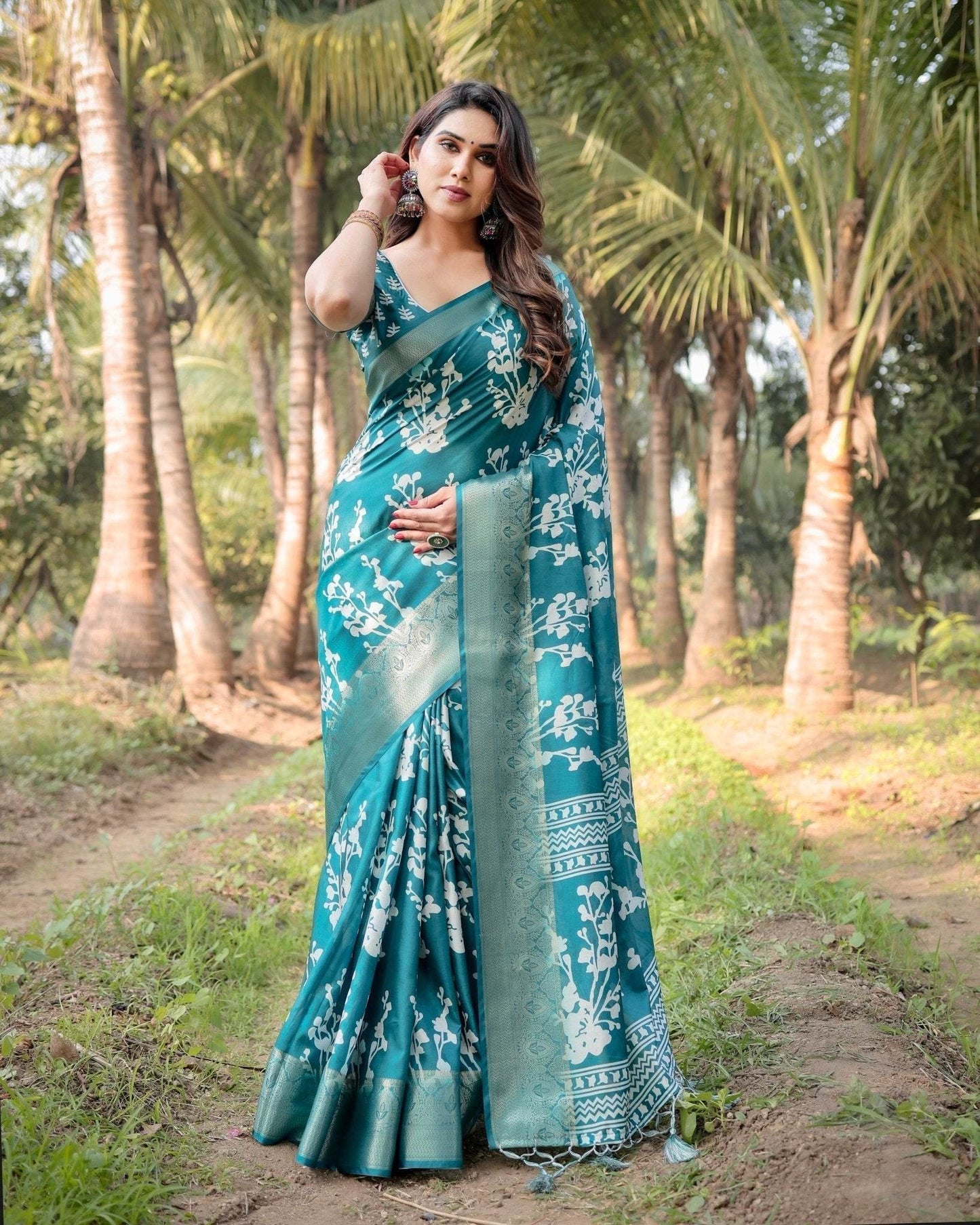 Teal Blue Tussar Silk Saree with White Floral Design, Gold Zari Border & Tassel Pallu - SEEANS