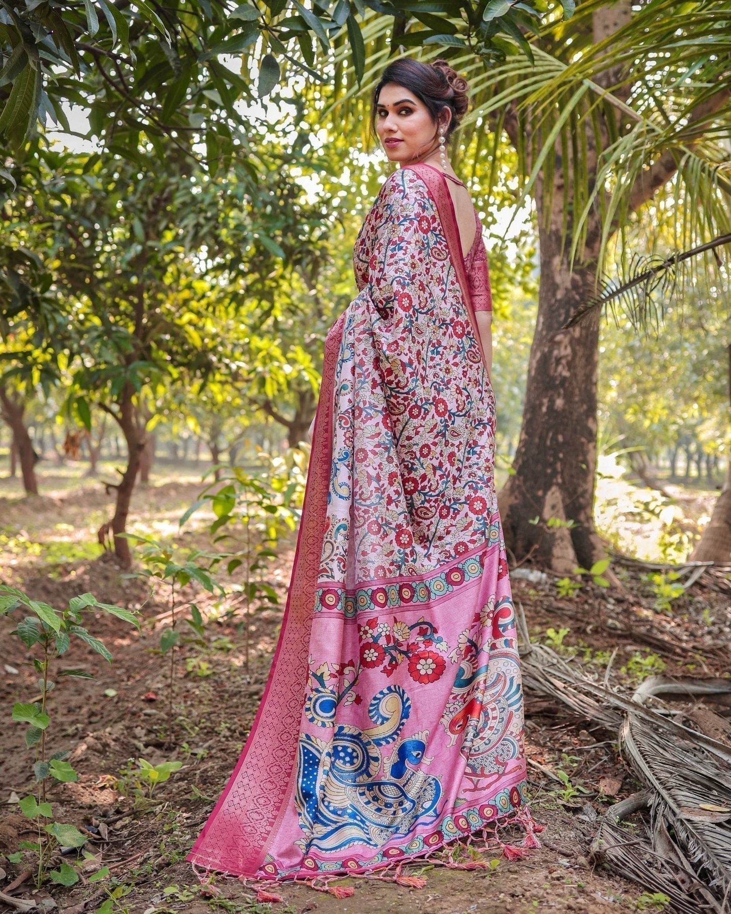 Blush Pink Digital Print Tussar Silk Saree with Zari Border and Peacock Motif Pallu - SEEANS