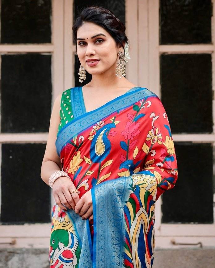 Multicolor Tussar Silk Saree with Vibrant Peacock and Floral Motifs - SEEANS