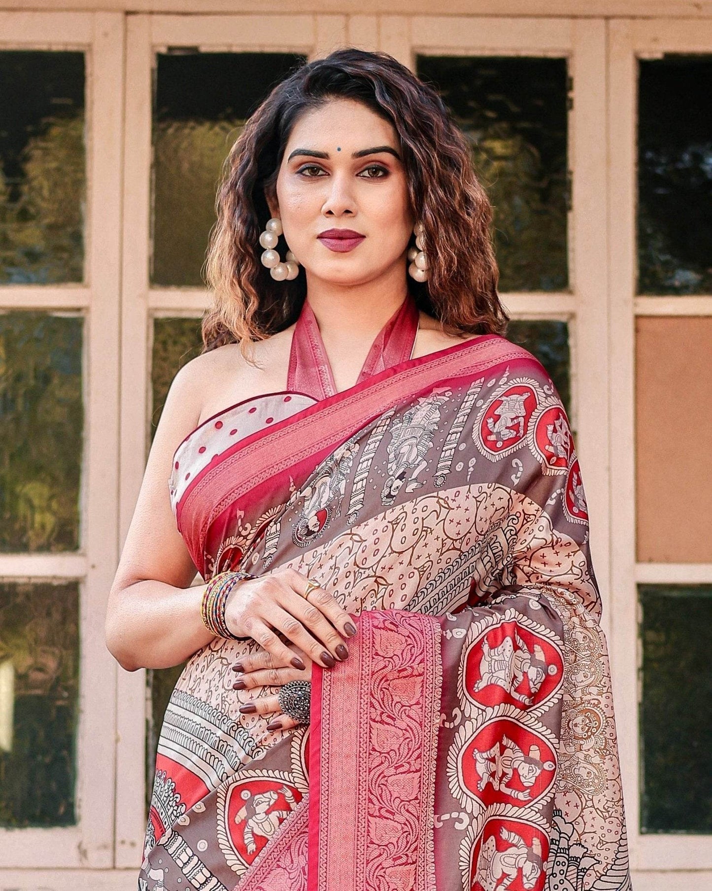 Beige and Red Tussar Silk Saree with Traditional Motifs and Ornamental Zari Border - SEEANS