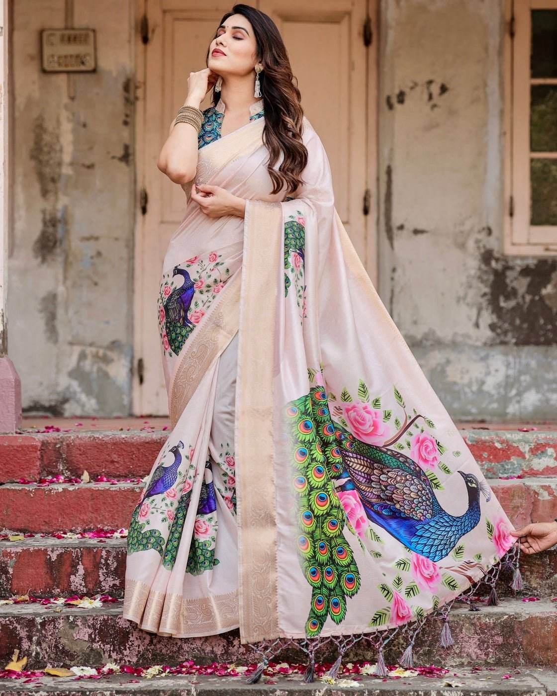 Soft Pastel Pink Tussar Silk Saree with Hand-Painted Peacock and Floral Motifs - SEEANS