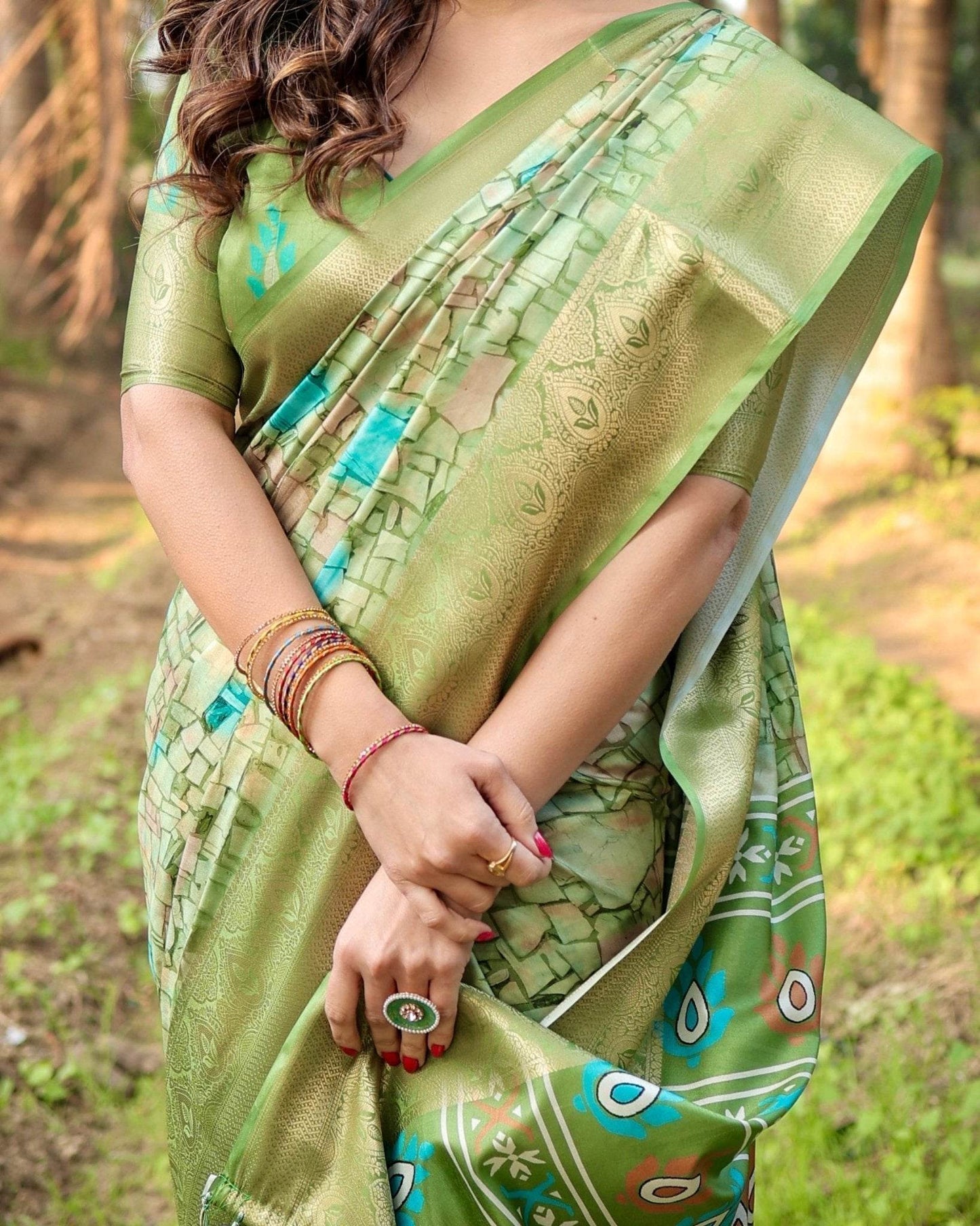 Elegant Light Green Tussar Silk Saree with Zari Motif Border and Contemporary Checkered Pallu Design - SEEANS
