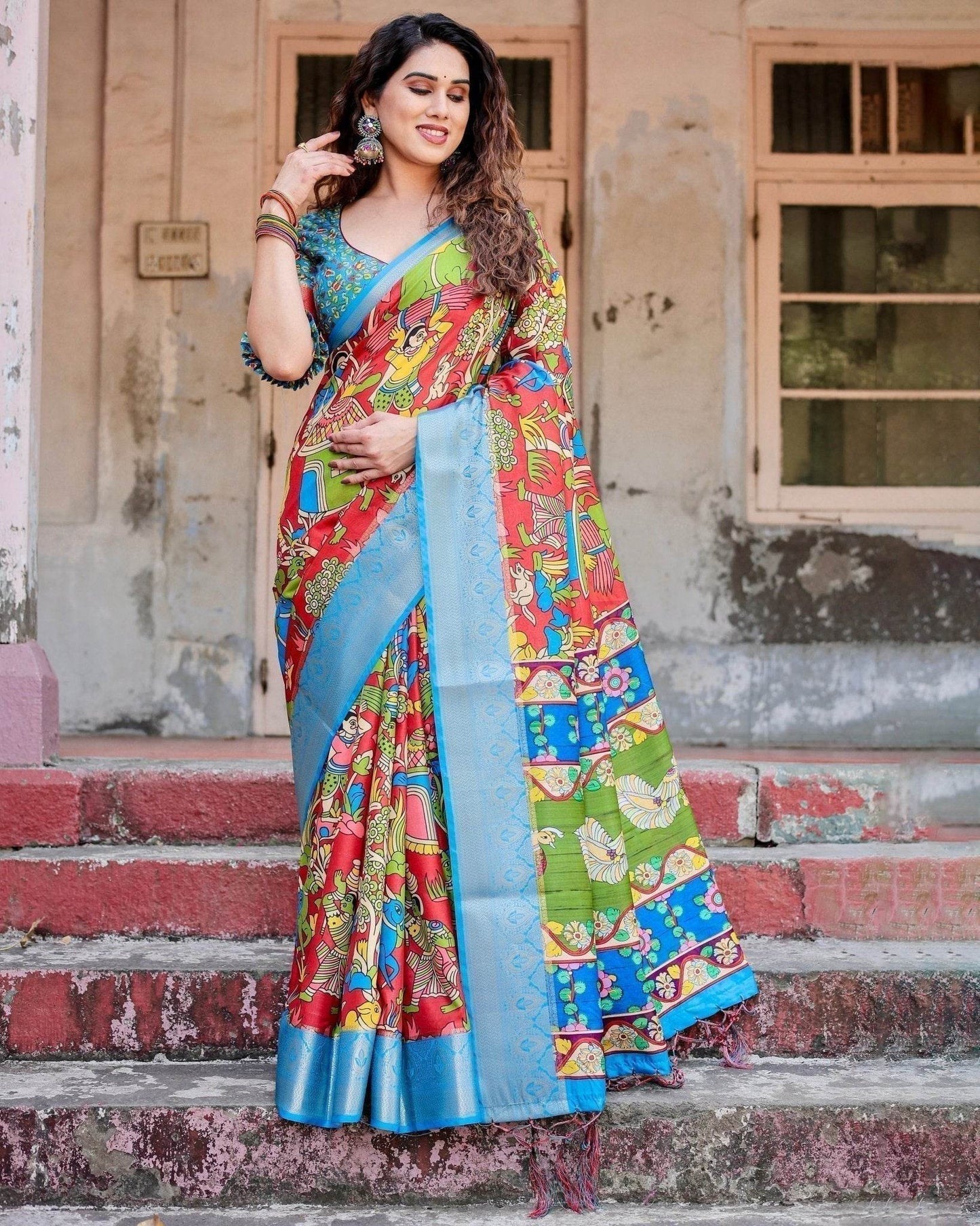 Multicolor Folk Art Inspired Digital Print Tussar Silk Saree with Sky Blue Zari Border - SEEANS