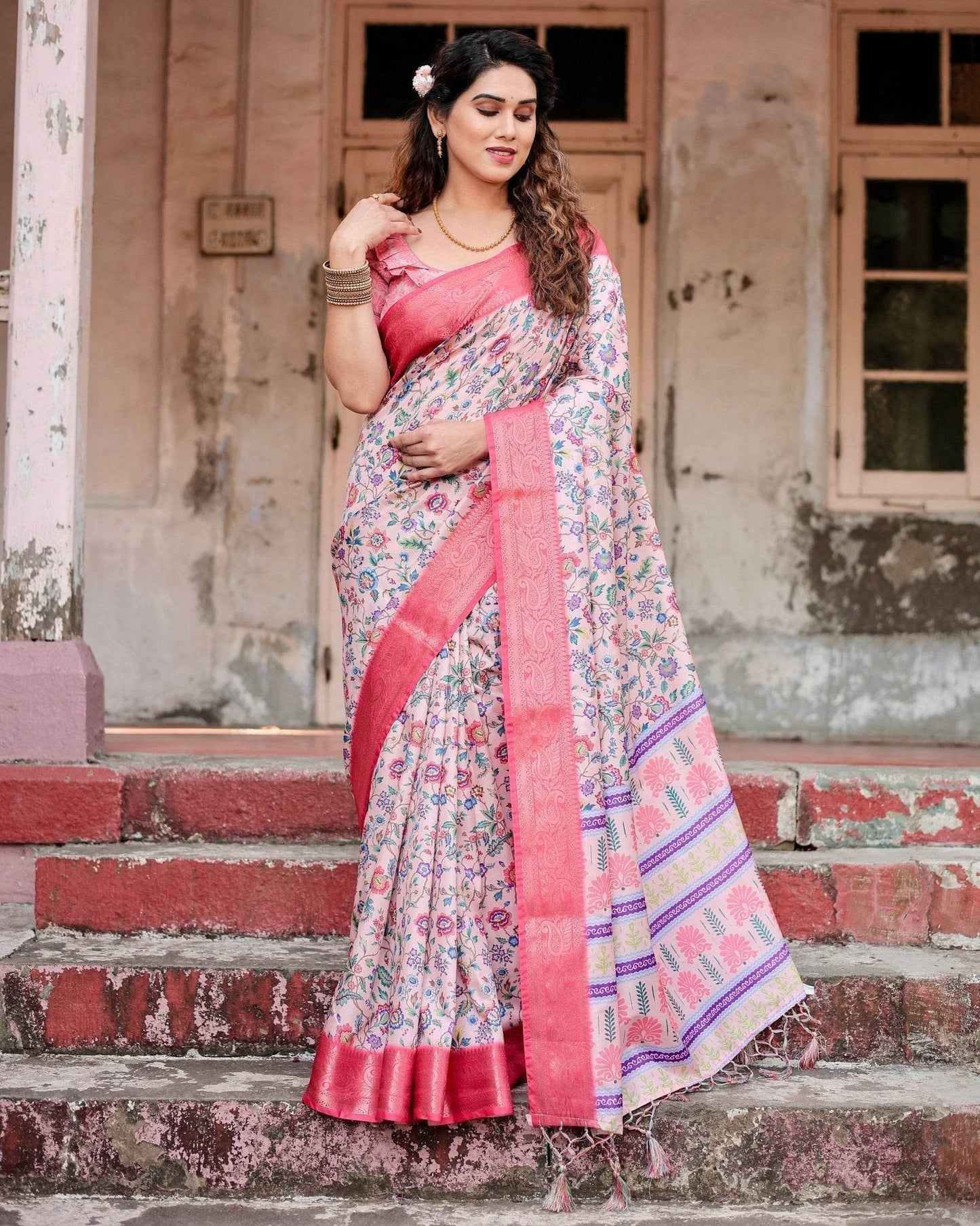 Blush Pink Tussar Silk Saree with Multicolor Floral Design and Zari Paisley Border - SEEANS