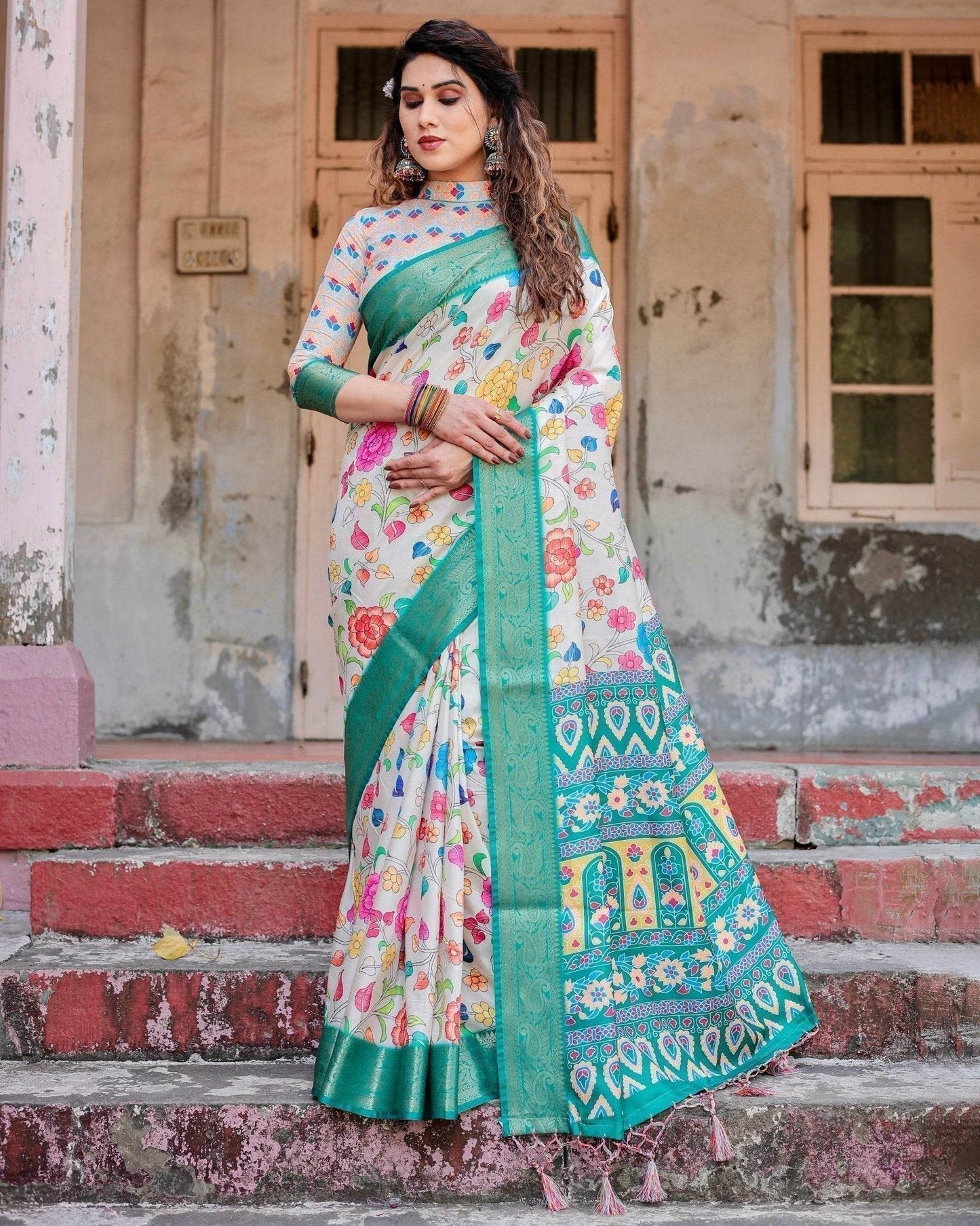Elegant Multicolor Floral Digital Print Saree with Ornate Green Border and Artistic Pallu - SEEANS