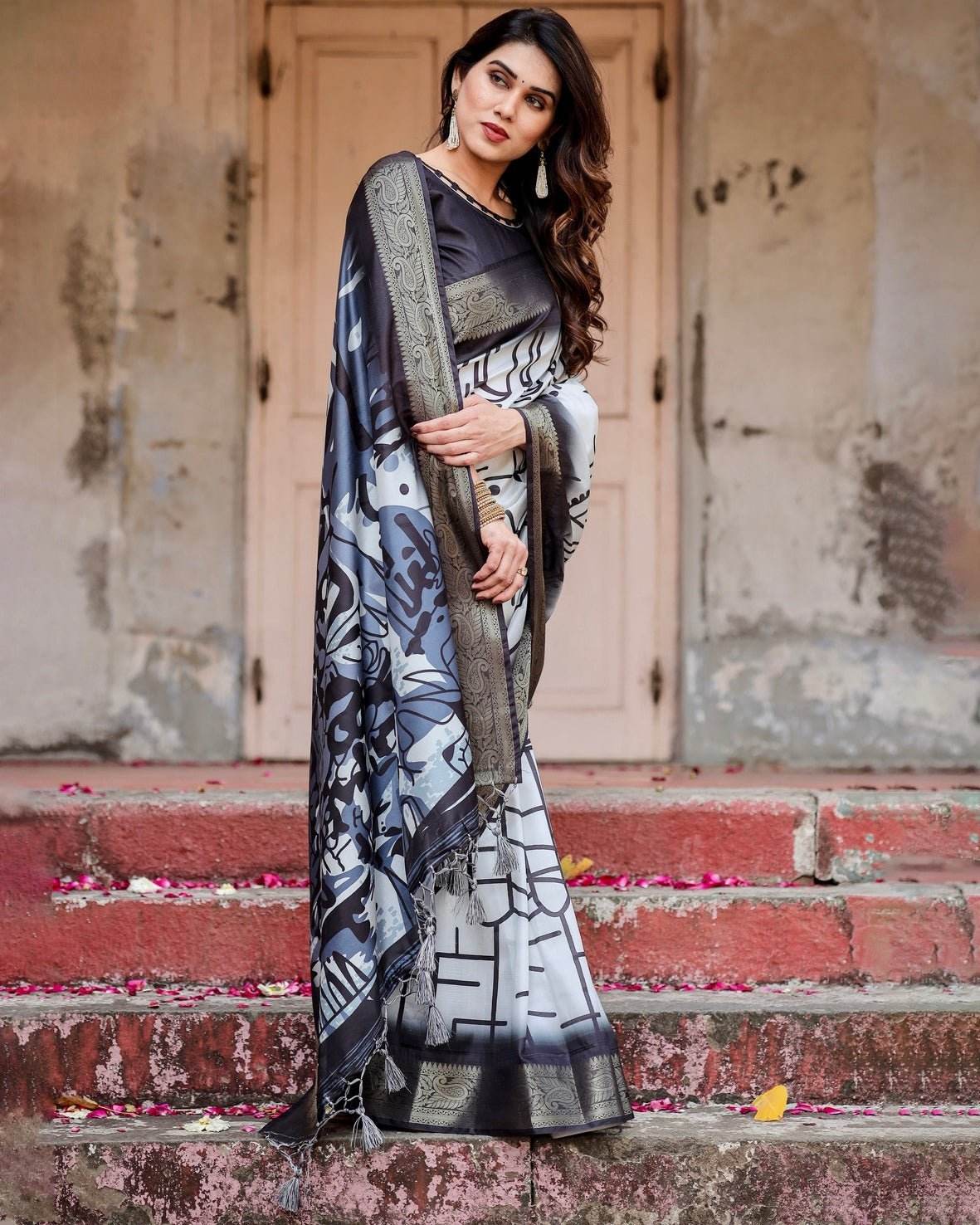 Monochrome Abstract Tussar Silk Saree with Charcoal Gray Zari Border - SEEANS