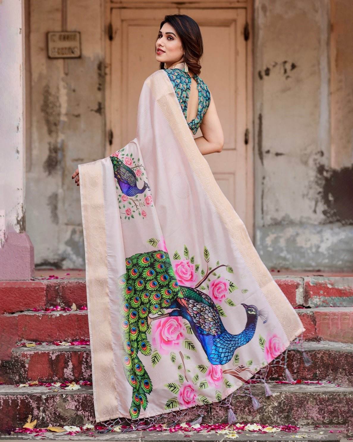 Soft Pastel Pink Tussar Silk Saree with Hand-Painted Peacock and Floral Motifs - SEEANS