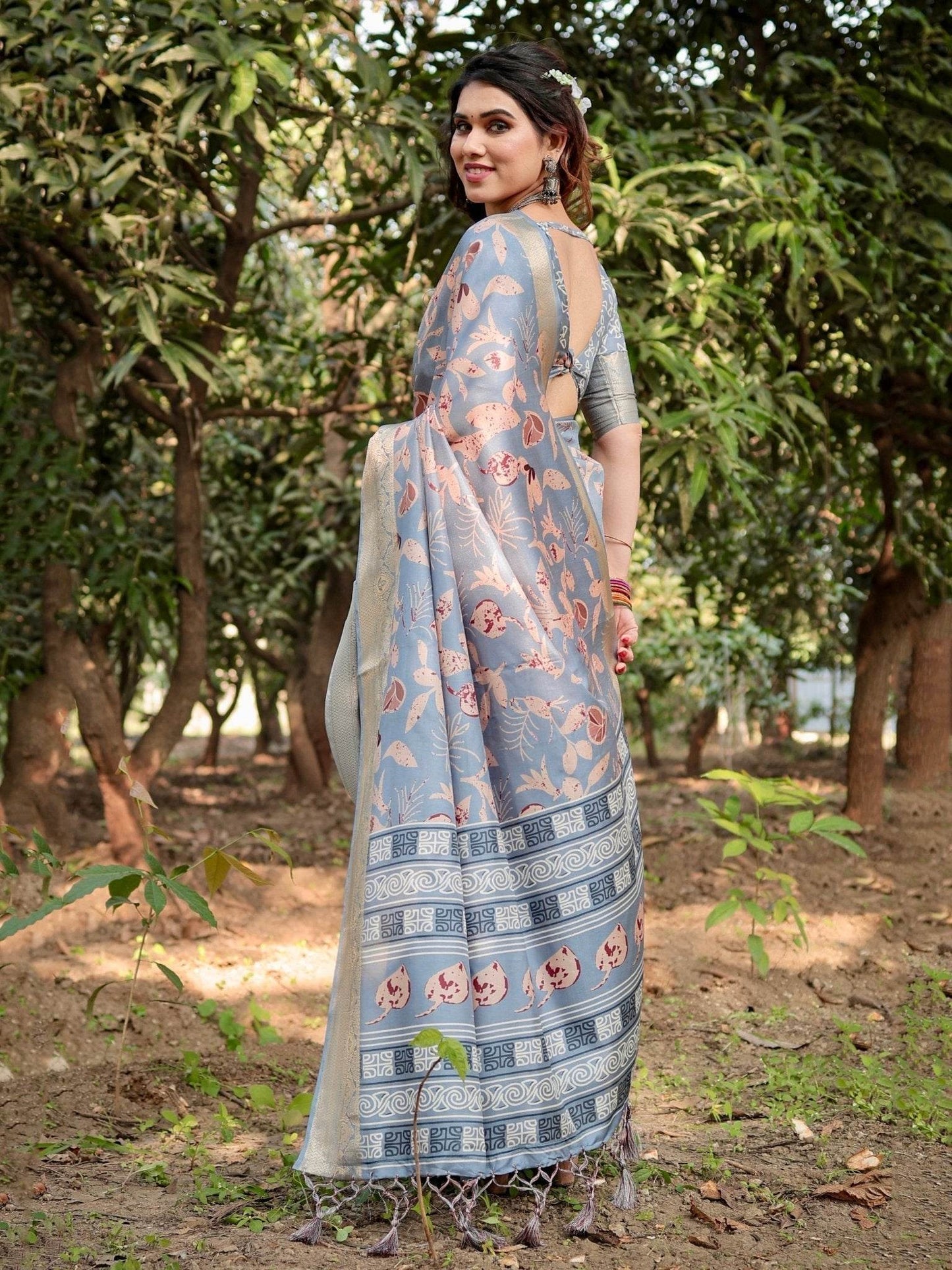 Stylish Sky Blue Tussar Silk Saree with Beige and Gold Zari Work and Contemporary Pallu Design - SEEANS
