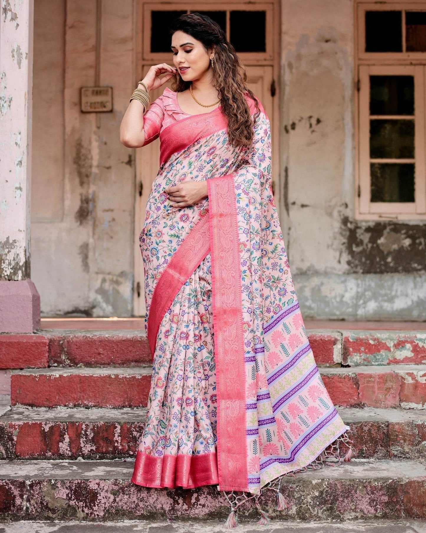 Blush Pink Tussar Silk Saree with Multicolor Floral Design and Zari Paisley Border - SEEANS