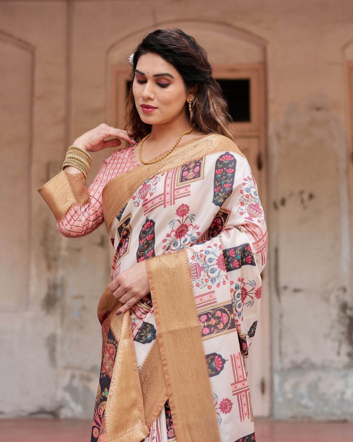 Ivory Tussar Silk Saree with Artistic Floral Motifs and Gleaming Golden Zari Border - SEEANS