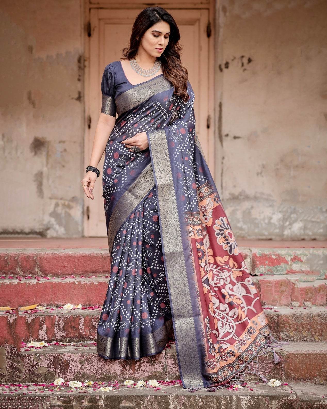 Navy Blue Tussar Silk Saree with Geometric Patterns, Zari Border, and Vibrant Pallu - SEEANS